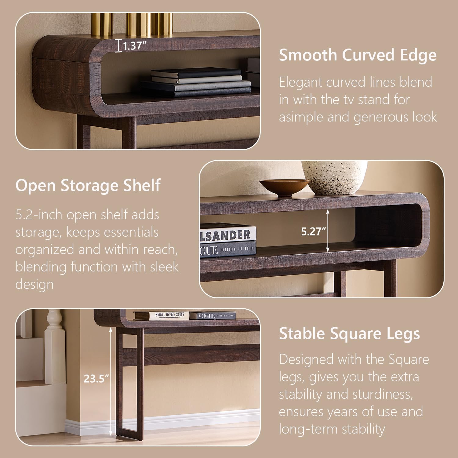 IFGET 63-Inch Long Console Table, 31.5" Tall Modern Entryway Table with Open Storage Shelf, Curved Profile Design, Narrow Wood Sofa Table Behind Couch Tables for Living Room, Hallway, Foyer, Brown
