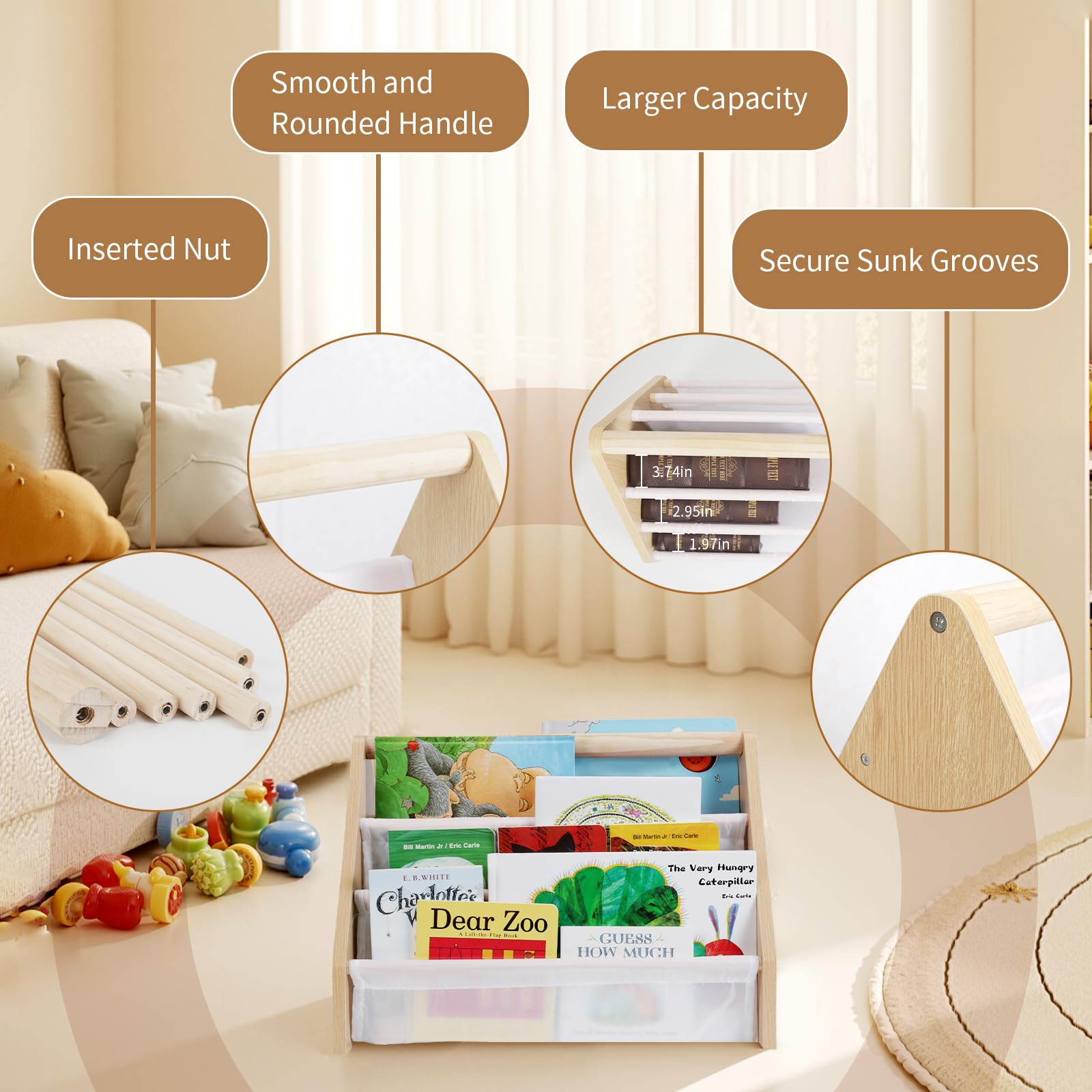 Epelay Kids Bookshelf, 19" Nursery Book Shelves for Toddler Rooms, with Deep Fabric Pockets, Montessori Book Shelf for Baby Room, Reading Corner or Playroom Decor