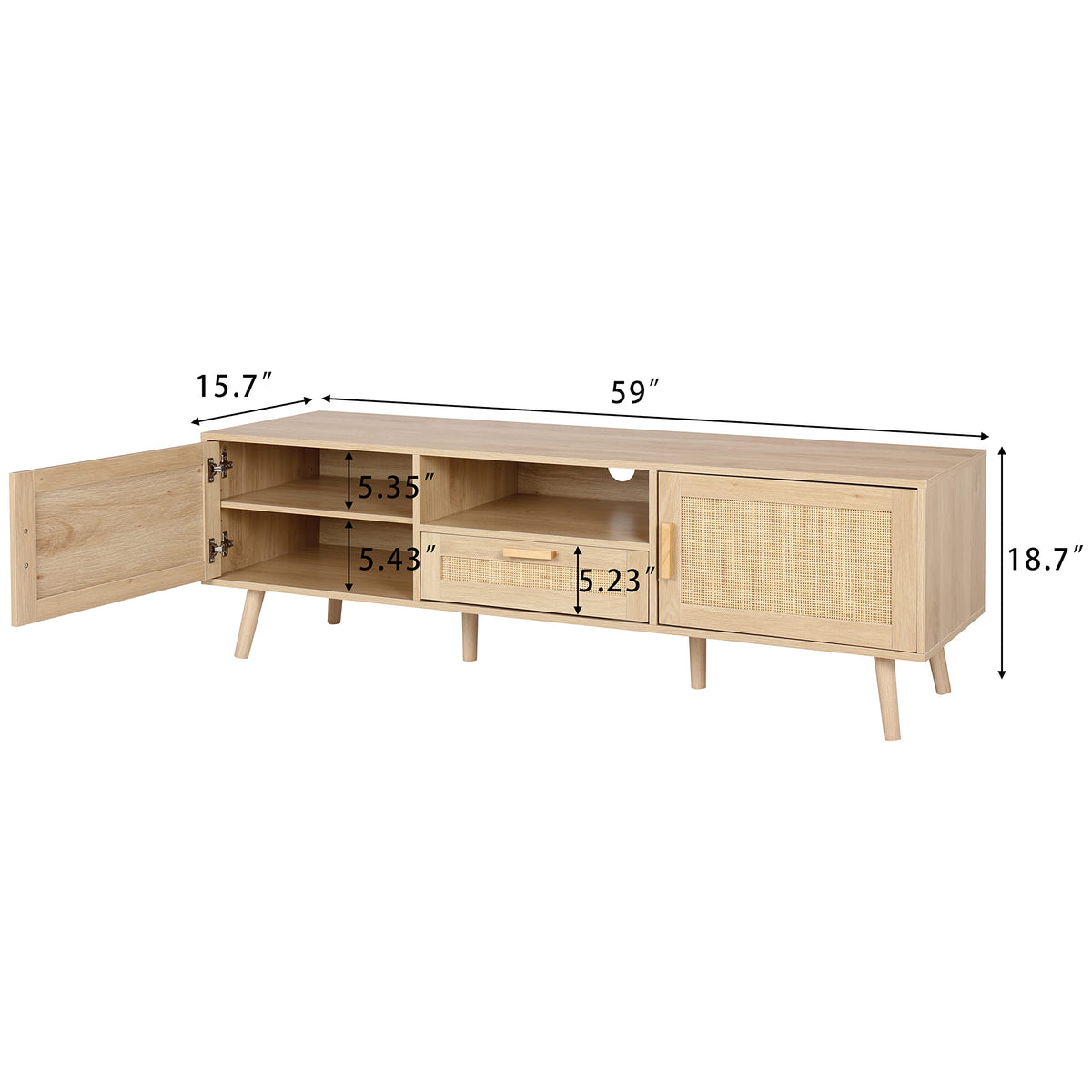 Finnhomy 59 Inch Boho TV Stand for up to 70 inch TV, TV Console with 2 Hand Made Rattan Decorated Doors, Living Room Entertainment Center TV Table with Storage, Natural