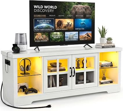 55" TV Stand with LED Lights, Power Outlet & Glass Cabinet