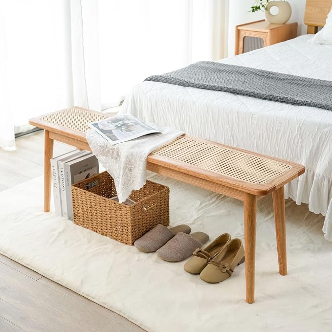 Solid Wood Rattan Bench