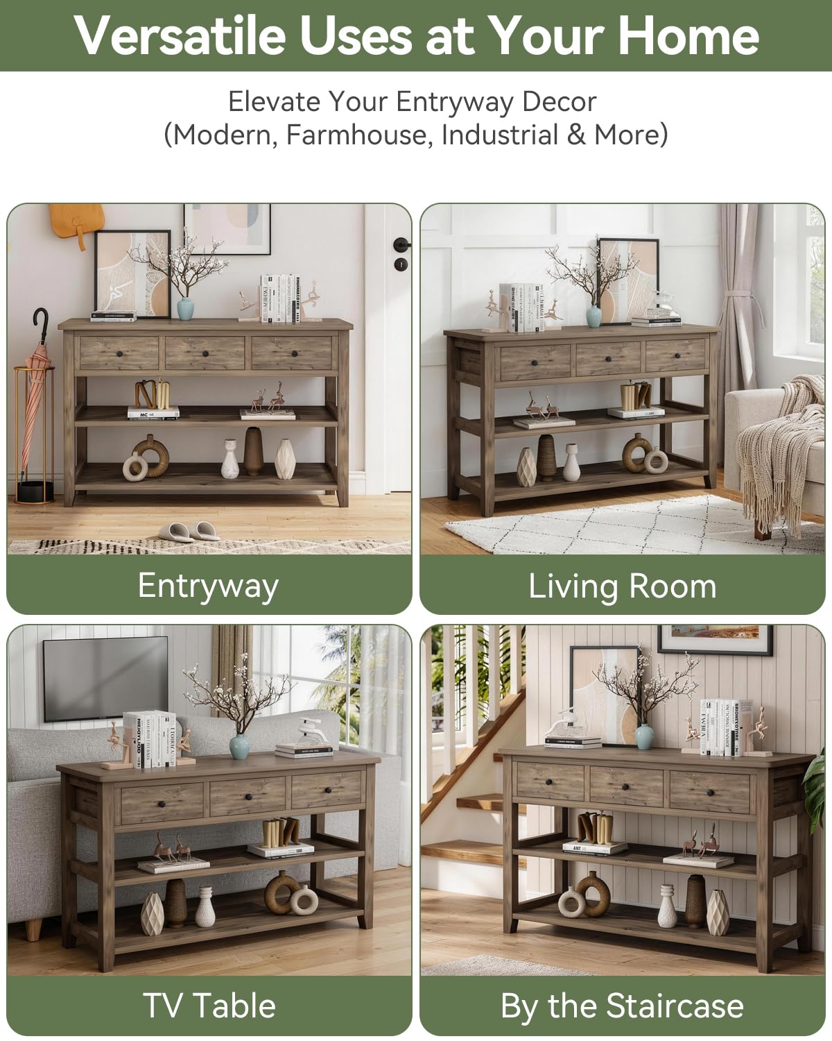 Console Table with 3 Drawers & 2-Tier Shelves