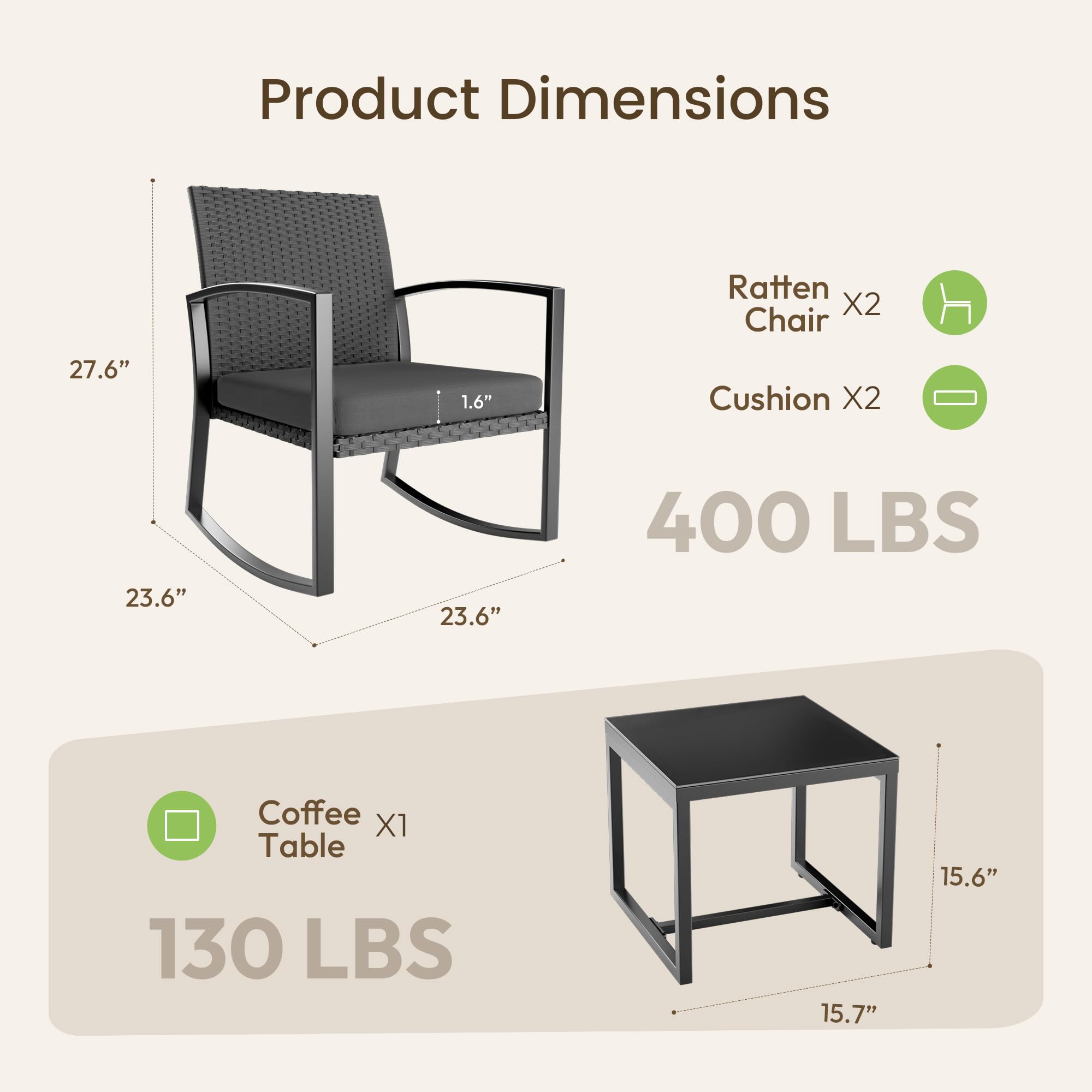 LAWNOOK Rocking Patio Bistro Sets - All-Weather - 3 Piece Rattan Conversation Furniture Set, Wicker Outdoor Front Porch Chair for Balcony, Porch, Garden, Backyard, Poolside,Medium Gray