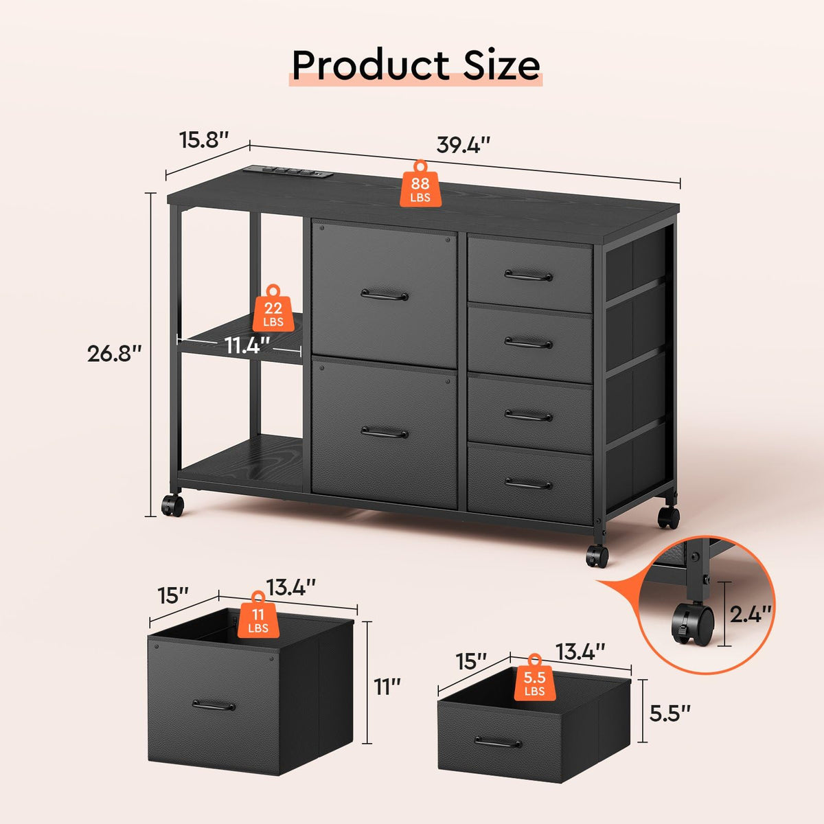 Maihail 6 Drawer File Cabinet with Charging Station and Open Storage Shelf