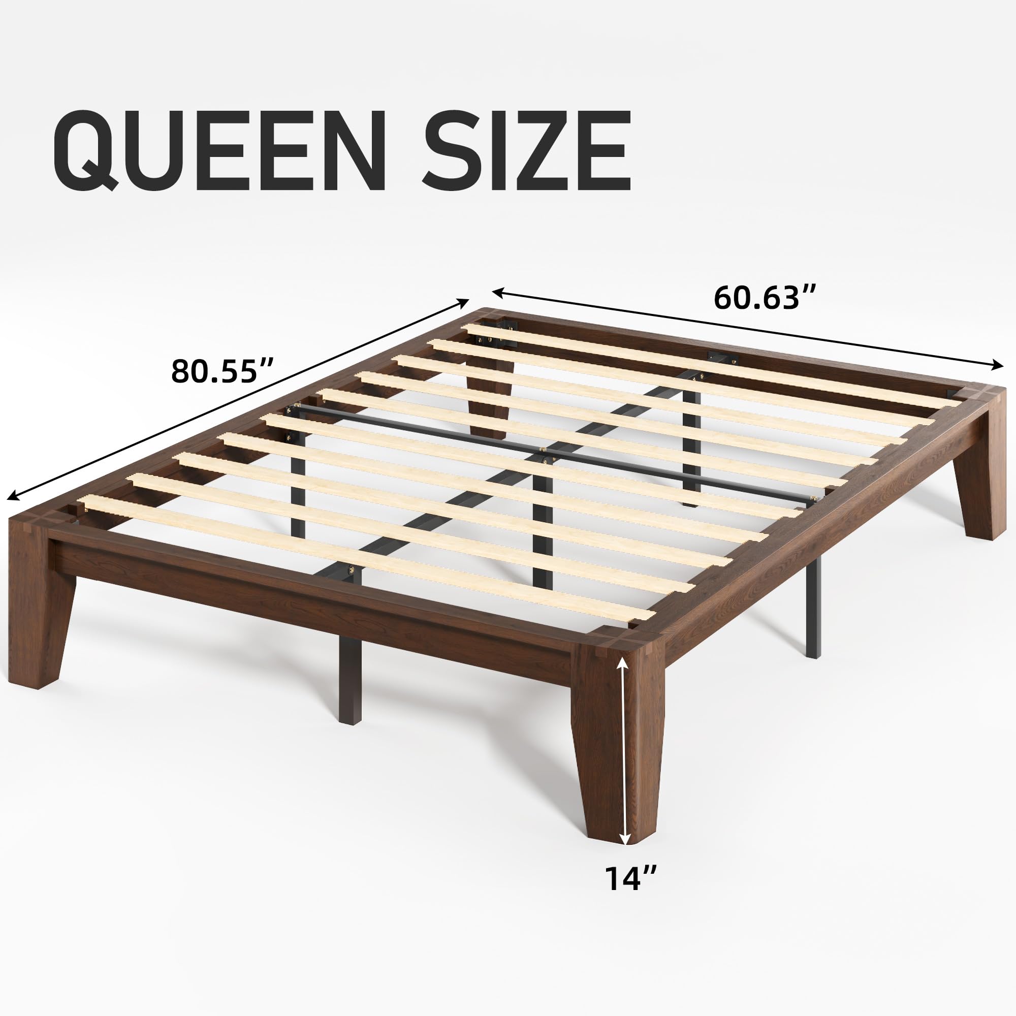 Lifezone Wood Queen Platform Bed Frame, Premium Solid Wood, Sturdy Structure, 3.78” Thickened & 14” Height Legs, Easily Assemble, Mortise & Tenon Joints Patterns, Walnut