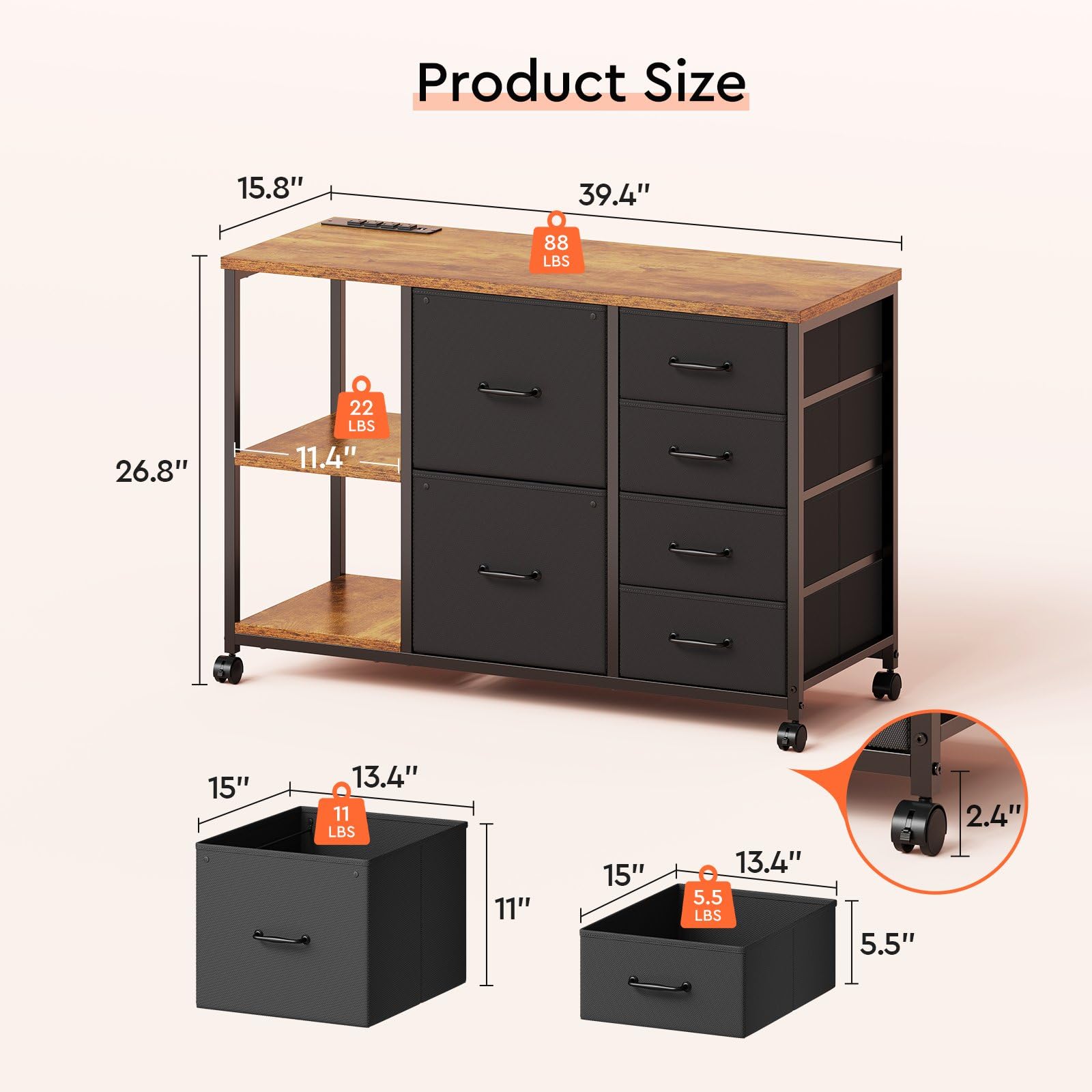 6-Drawer File Cabinet with Charging Station & Rolling Printer Stand