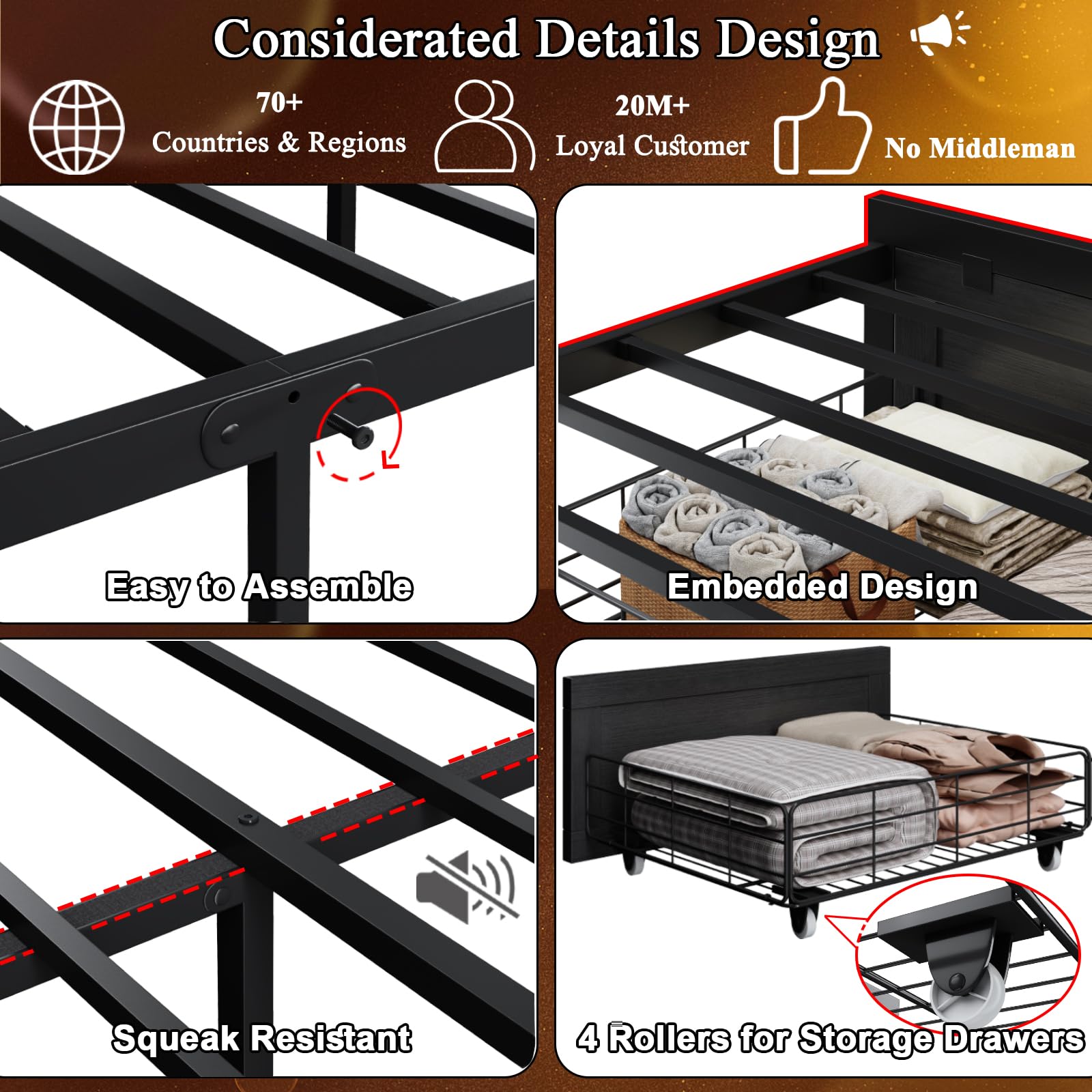 Etditrnp Queen Bed Frame with Storage Headboard, Farmhouse Platform Bed Frame with Bookshelf, Drawers, LED Lights and Charging Station, Metal Slats Support, Noise Free, No Box Spring Needed, Black