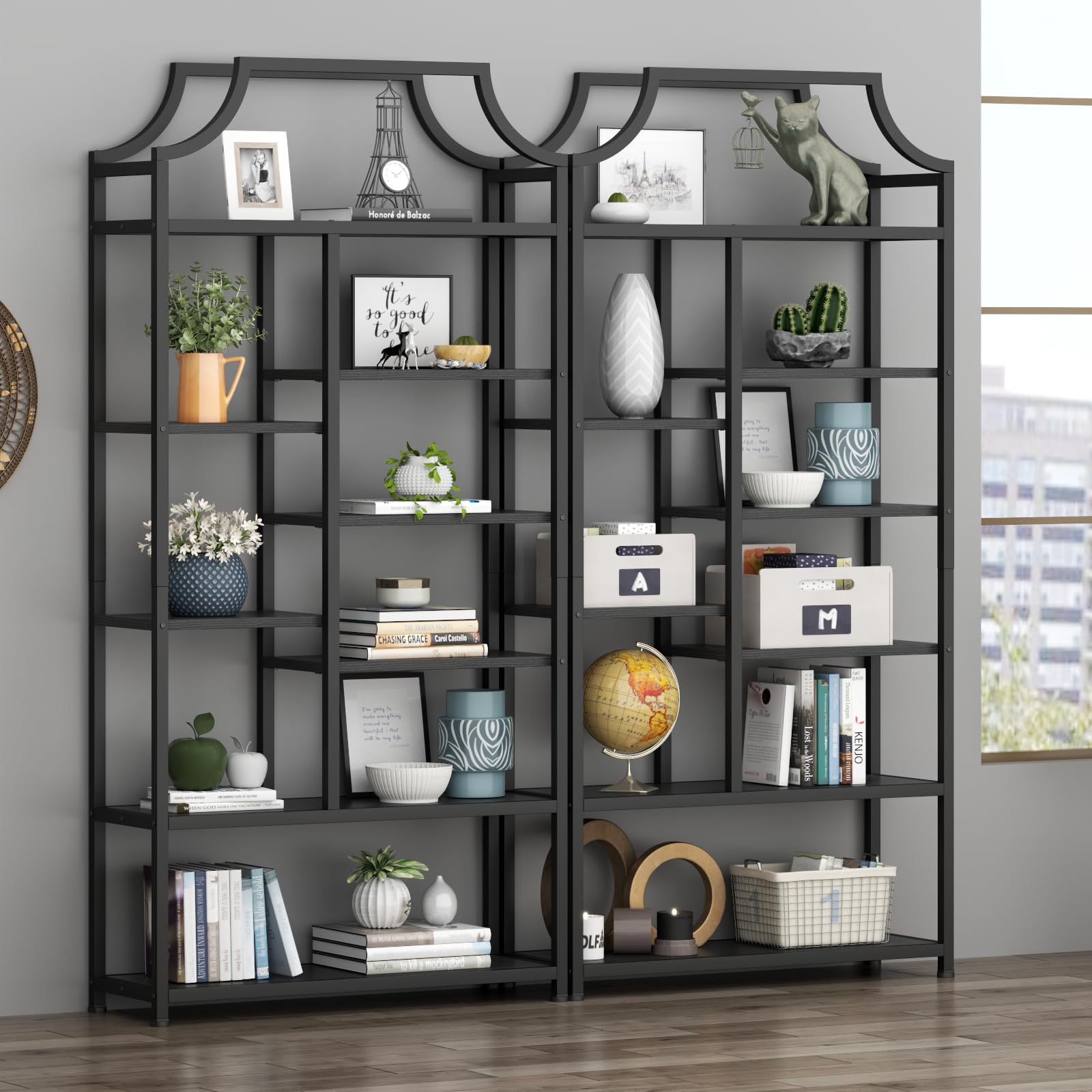 8-Tier Etagere Bookcase – Staggered Open Shelf with Metal Frame