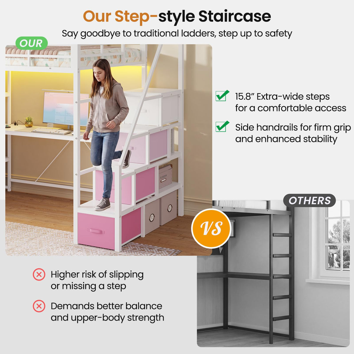 Twin Loft Bed with Desk and Storage Stairs