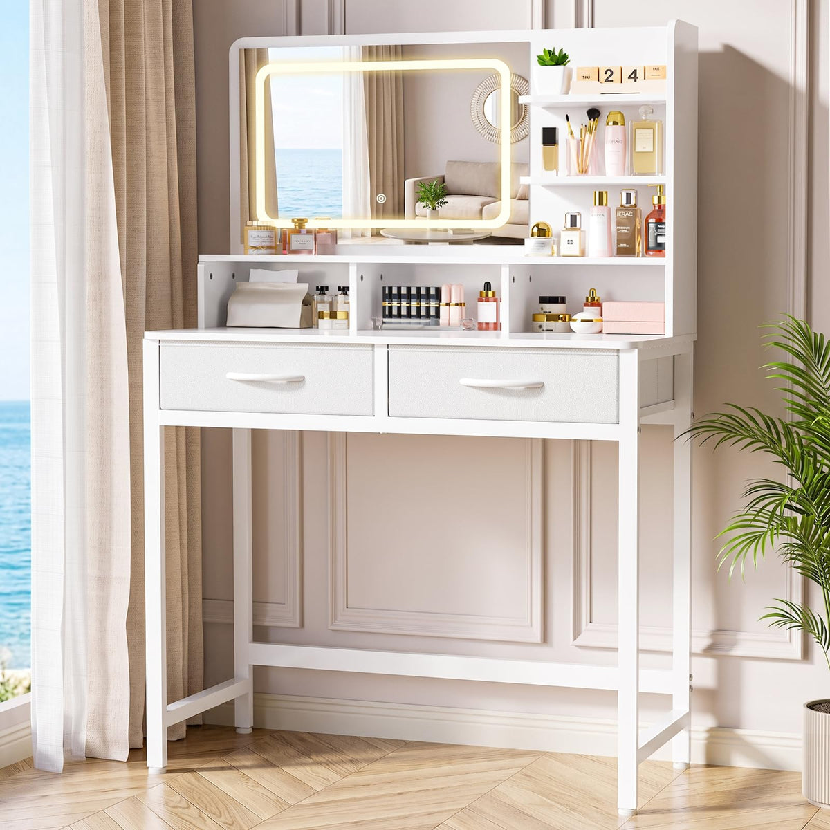 White Vanity Desk with LED Mirror