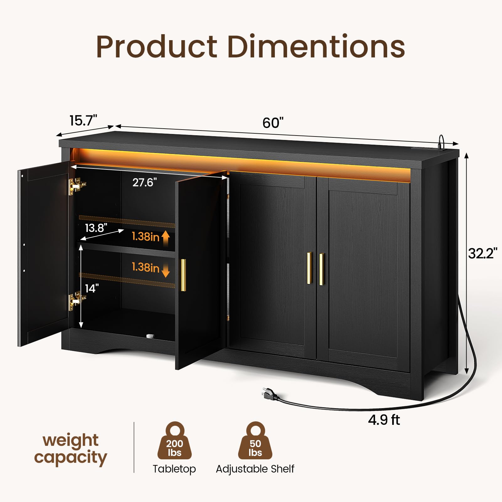 60" Sideboard Buffet Cabinet with LED Light & Power Outlets