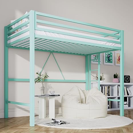 Twin Size Metal Loft Bed with Removable Ladder, Guardrail & Metal Slats