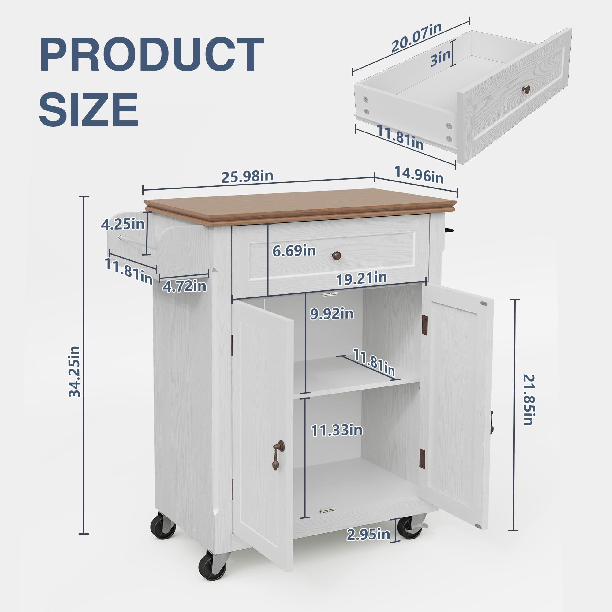 HLR 26'' Small Kitchen Island, Vintage Wood Rolling Kitchen Island Cart with Storage Cabinet and Drawer, Kitchen Cart on Wheels with Spice Rack & Towel Rack for Dining Room, White