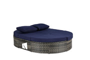 SOFTSEA Outdoor Daybed with Adjustable Backrest, Patio Oval Wicker Sun Bed with Foldable Cup Trays, Rattan Reclining Chaise Lounge with Cushion and Pillows for Lawn, Poolside, Dark Blue