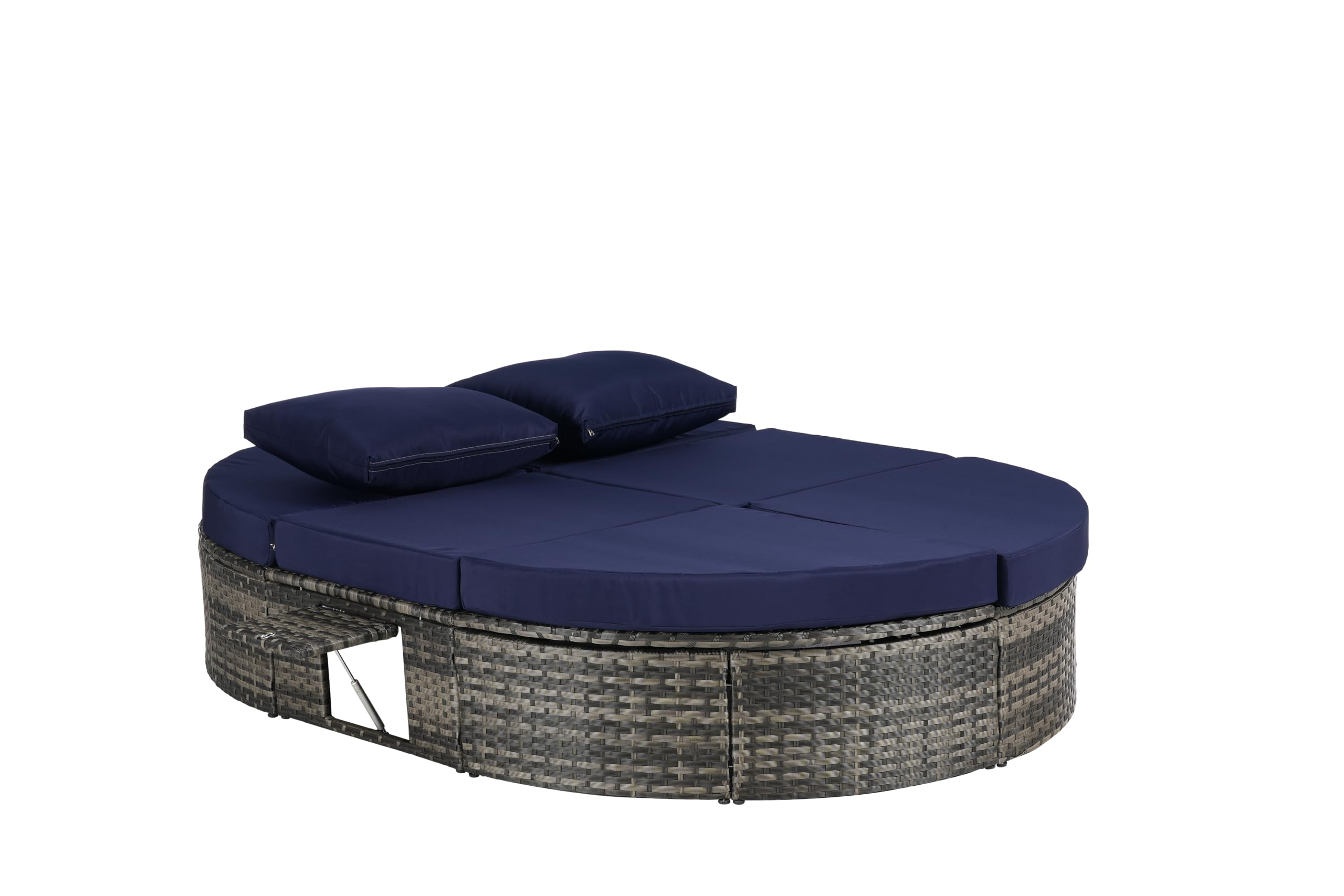 SOFTSEA Outdoor Daybed with Adjustable Backrest, Patio Oval Wicker Sun Bed with Foldable Cup Trays, Rattan Reclining Chaise Lounge with Cushion and Pillows for Lawn, Poolside, Dark Blue