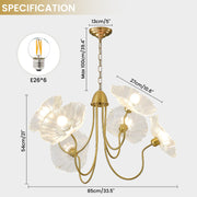 APLampara 33.4" Modern Floral Glass Chandelier, 6-Light Extra Large Ceiling Light Fixture with Clear Flower Shades, Brass Gold Accents for Living Room, Bedroom, Dining Room