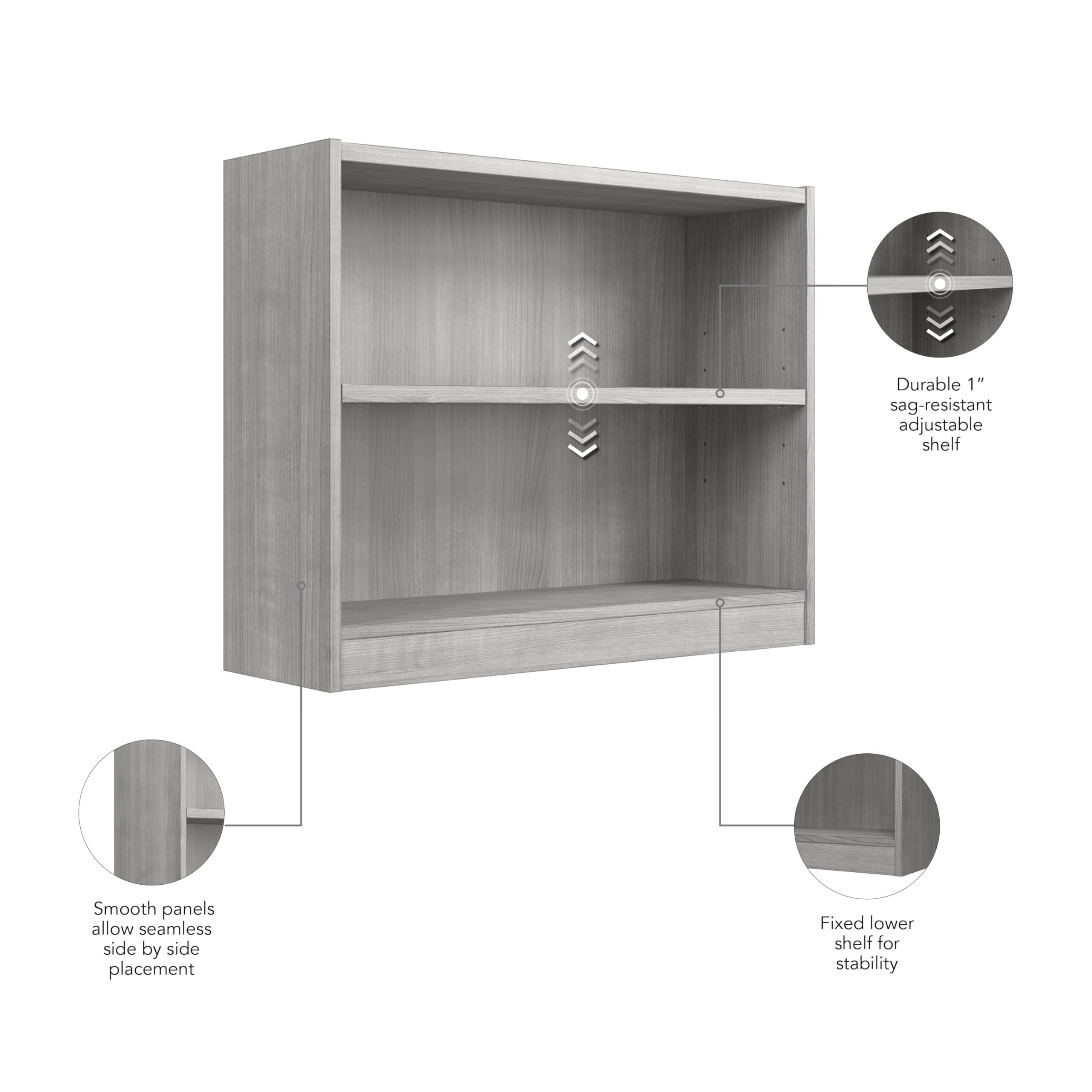 Bush Home Small 2 Shelf Bookcase, 2 Tier Bookshelf Storage Cabinet with Adjustable Shelf for Living Room, Bedroom or Home Office, Universal Collection, Platinum Gray