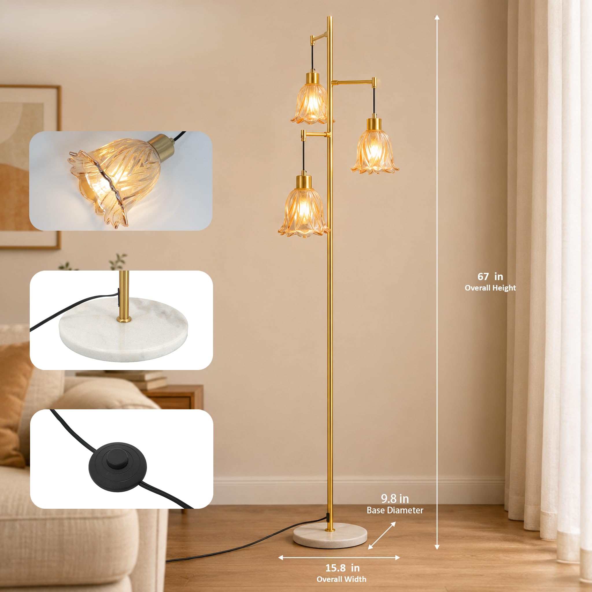 3-Light Glass Flower Floor Lamp