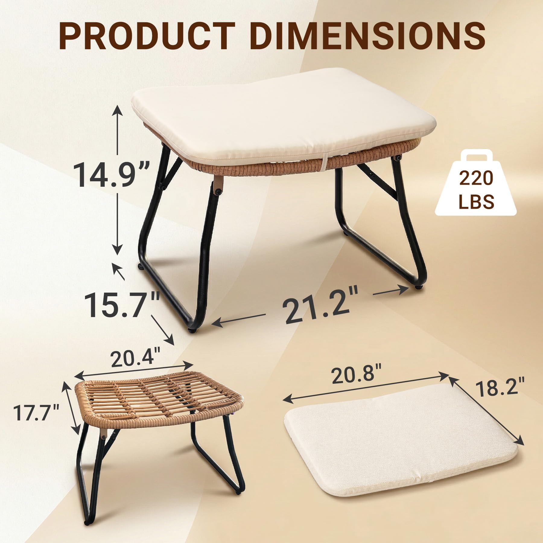 Outdoor Folding Wicker Ottomans with Cushion (Set of 2)