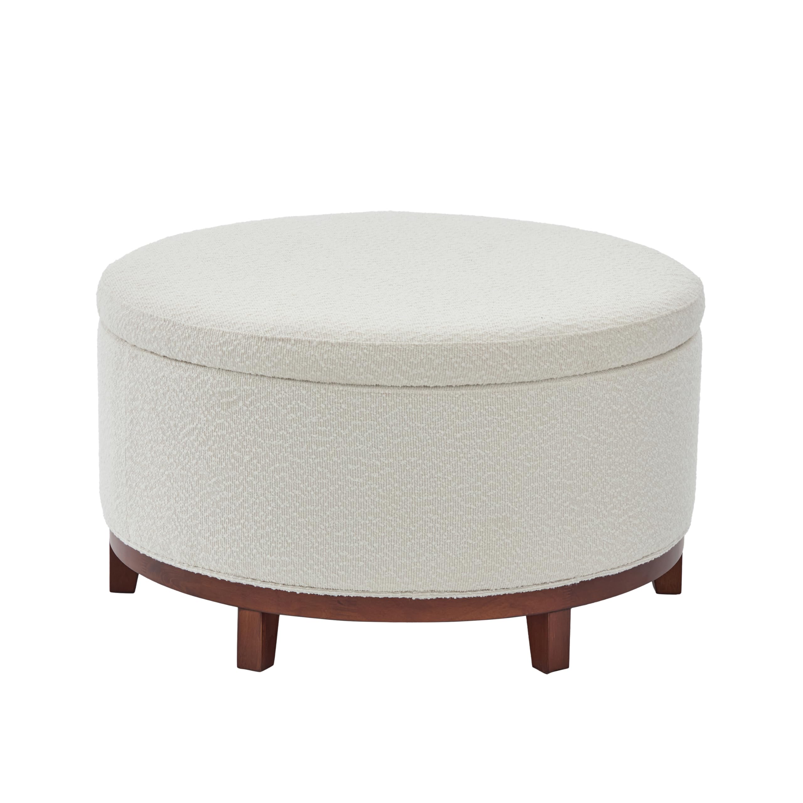 Christopher Knight Home Inla Modern Round Ottoman with Storage for Living Room, Lift-Lid Storage Ottoman Coffee Table, Boucle Upholstered Ottoman Foot Rest, Wooden Toy Box Storage, Light Beige+Brown