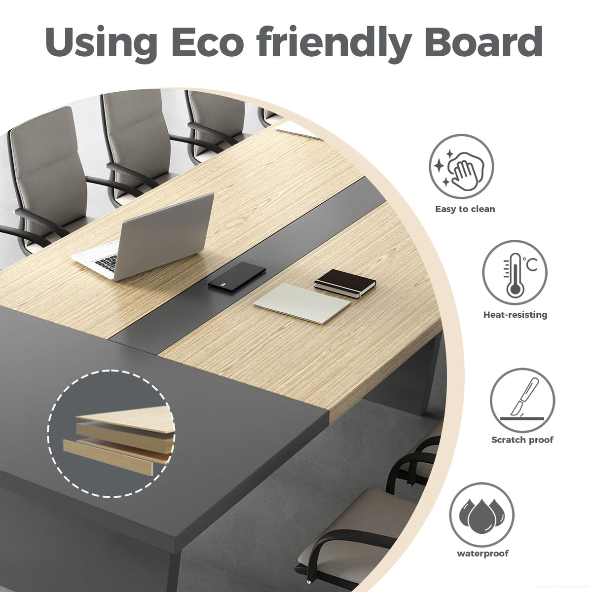 Huariifowm 10FT Conference Table for 8-10 People, Large Rectangular Boardroom Meeting Table with Built-in Power Outlets, USB-C Ports, 2" Thick Tabletop & Heavy-Duty Base, Oak + Gray