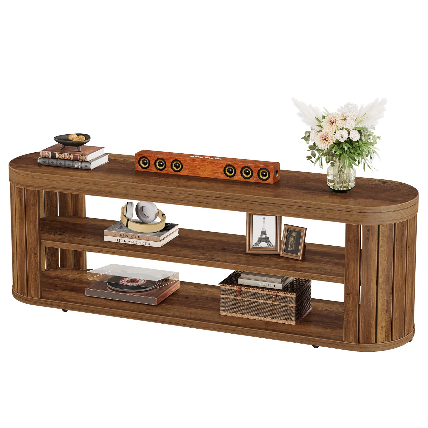 Tribesigns TV Stand for TVs up to 55 Inches, 47.2-Inch Entertainment Center with 2-Tier Open Storage & Adjustable Foot Pads, Oval Media TV Console Table for Living Room, Bedroom, Rustic Brown