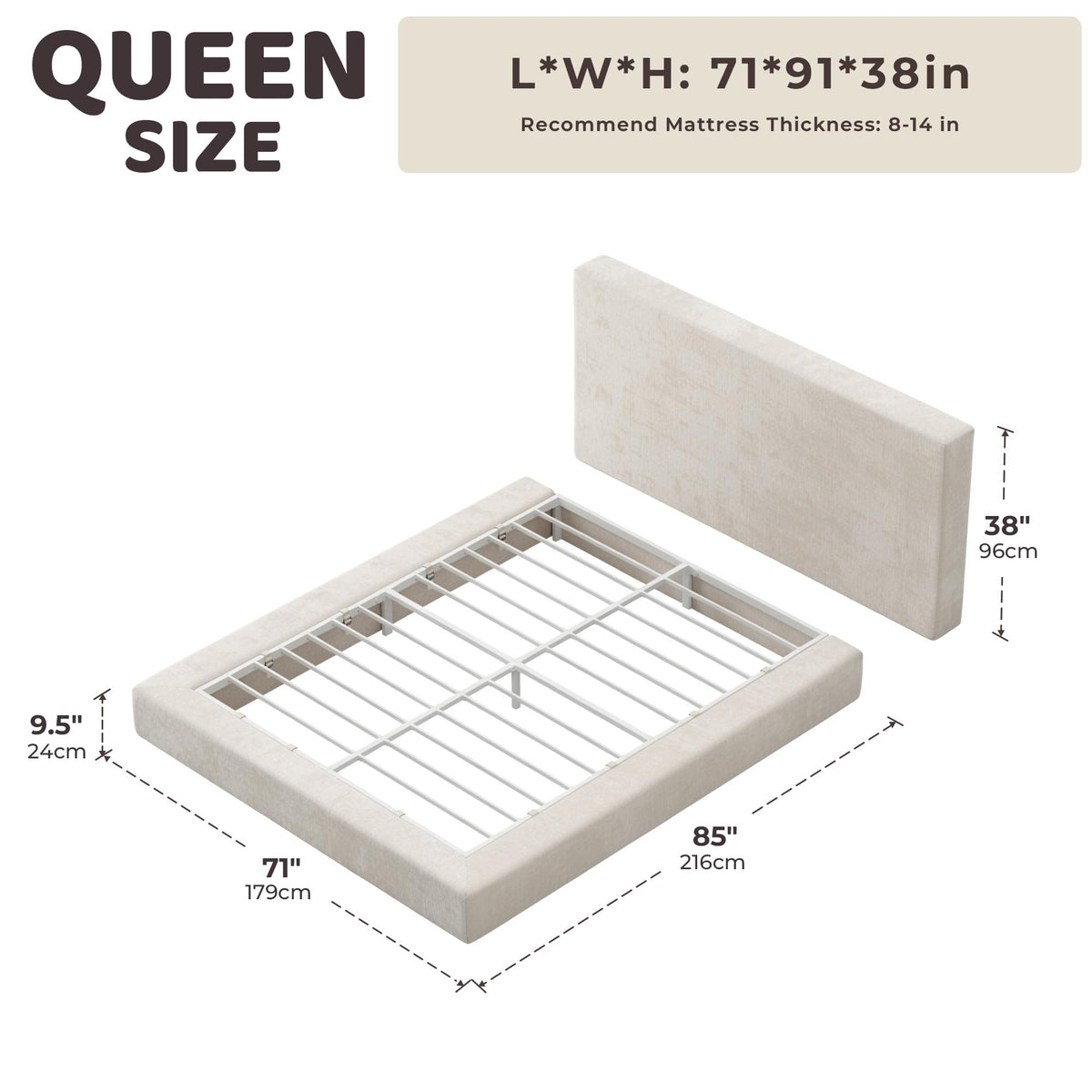 RECCI AirFrame Queen Upholstered Bed Frame with Plush Padded Headboard