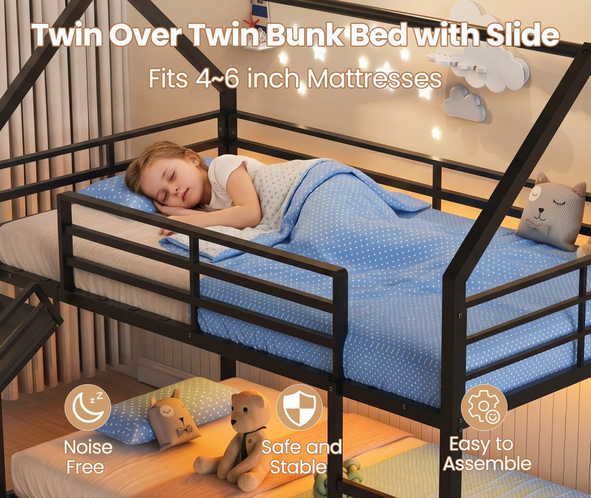Twin Bunk Bed with Slide & LED Lights