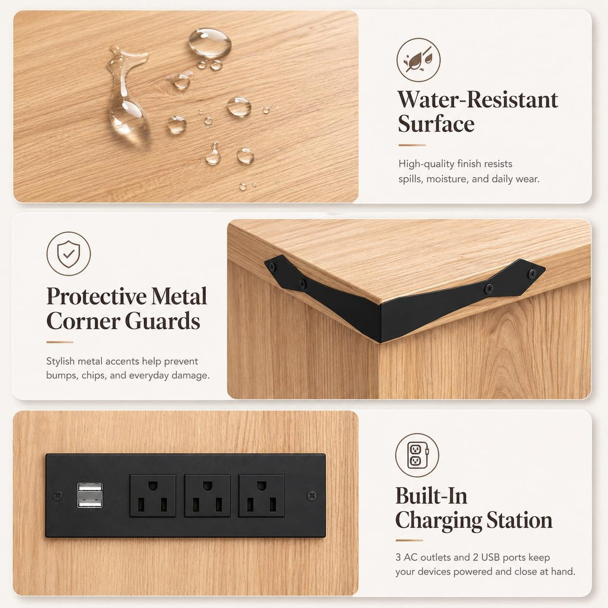 Square LED Coffee Table with Charging Station, Natural