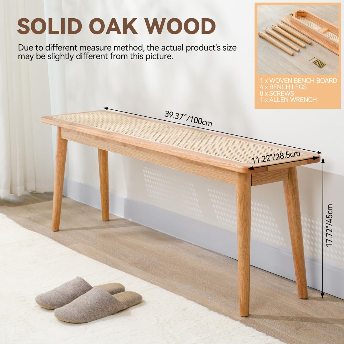 Solid Oak Rattan Bench
