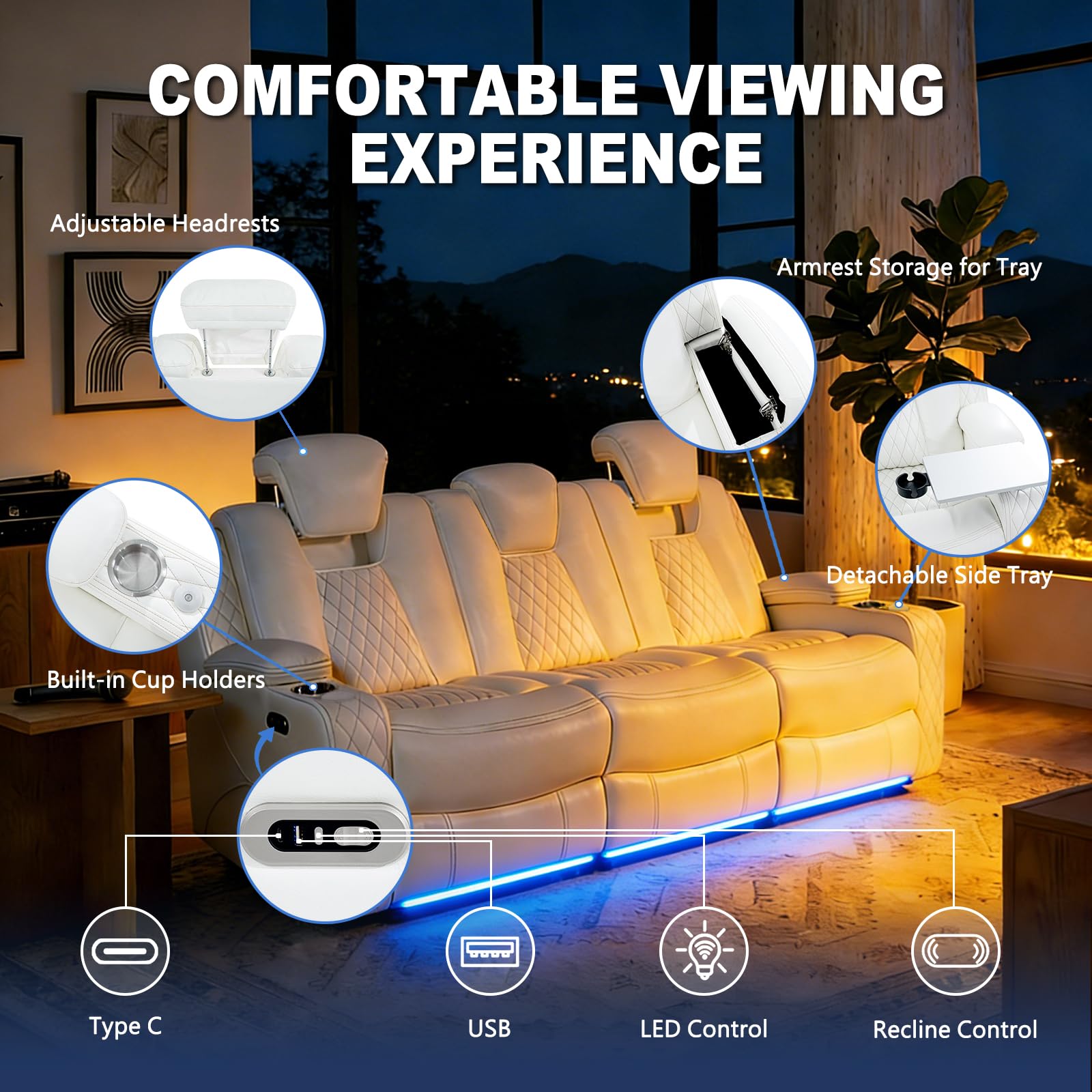 SweetGO Home Theater Seating with USB/Wireless Charging, Power Reclining Sofa wall Hugger with 20 Colors Ambient Light, Movie Theater Couch for Living Room & RV