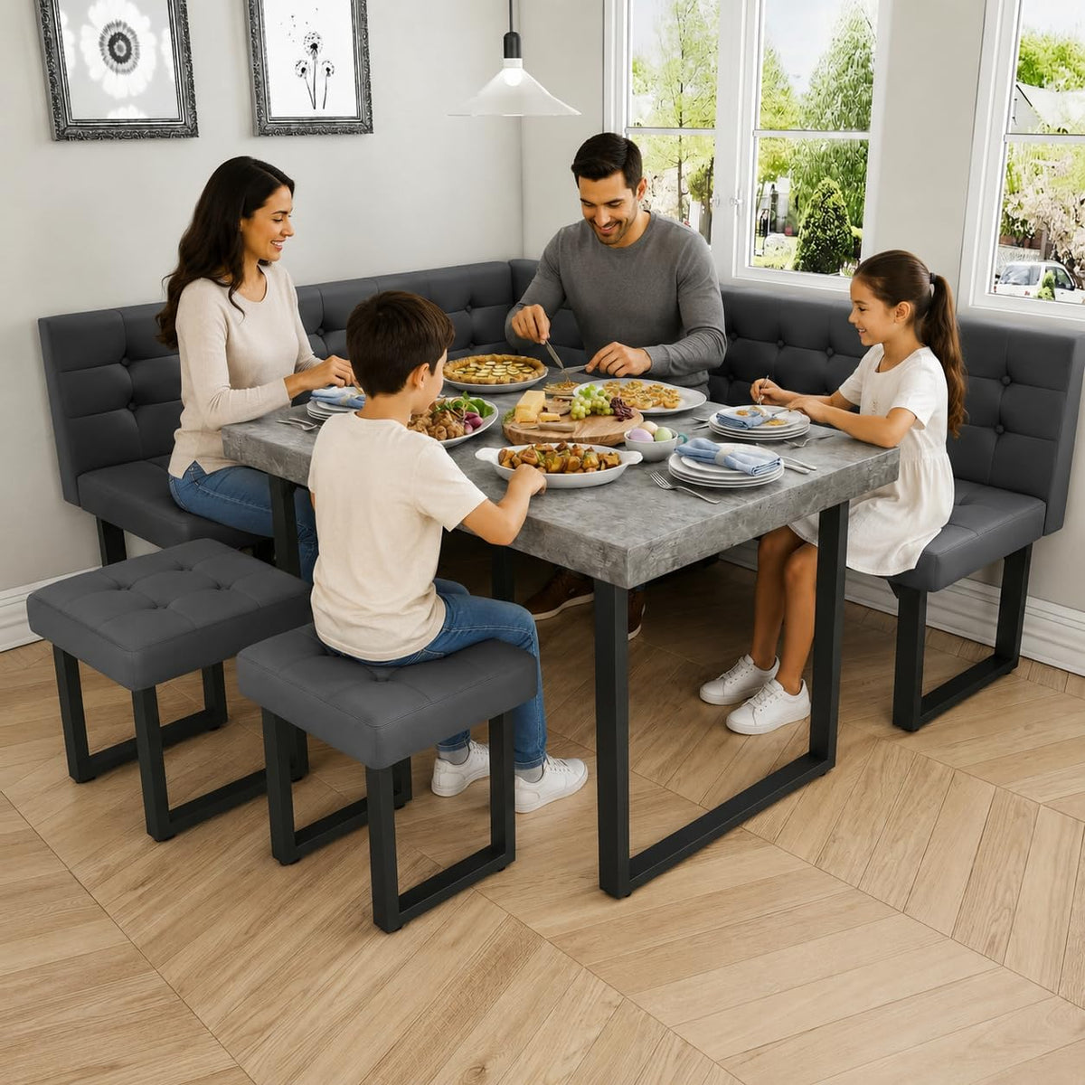 XIAO WEI 72" Corner Dining Table Set for Small Spaces, Modern Grey