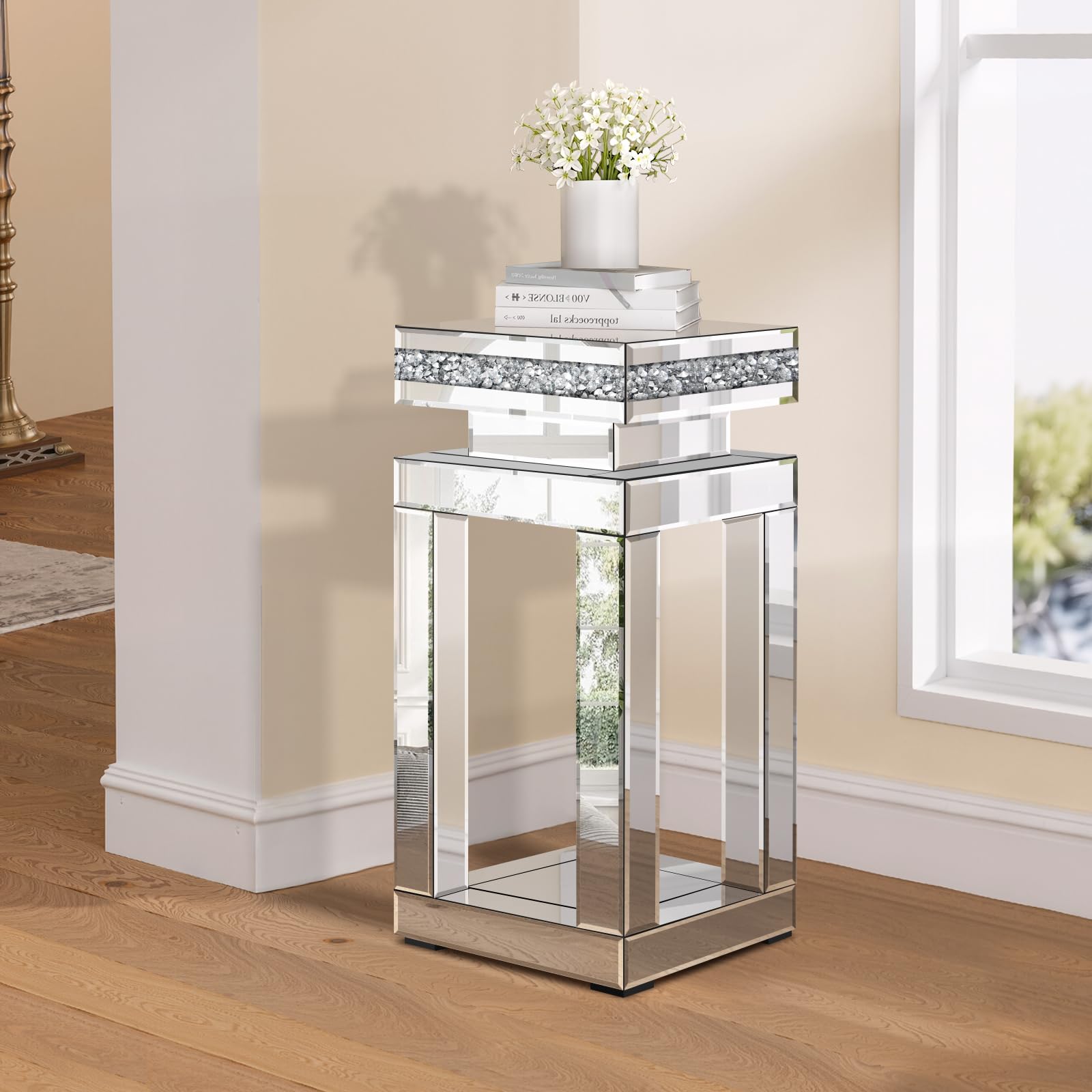 Jesantab Silver Mirrored End Table, Modern Crushed Diamond Accent Tables, Small Side Coffee Table for Living Room, Bedroom, 11.8"x11.8"x23.6"