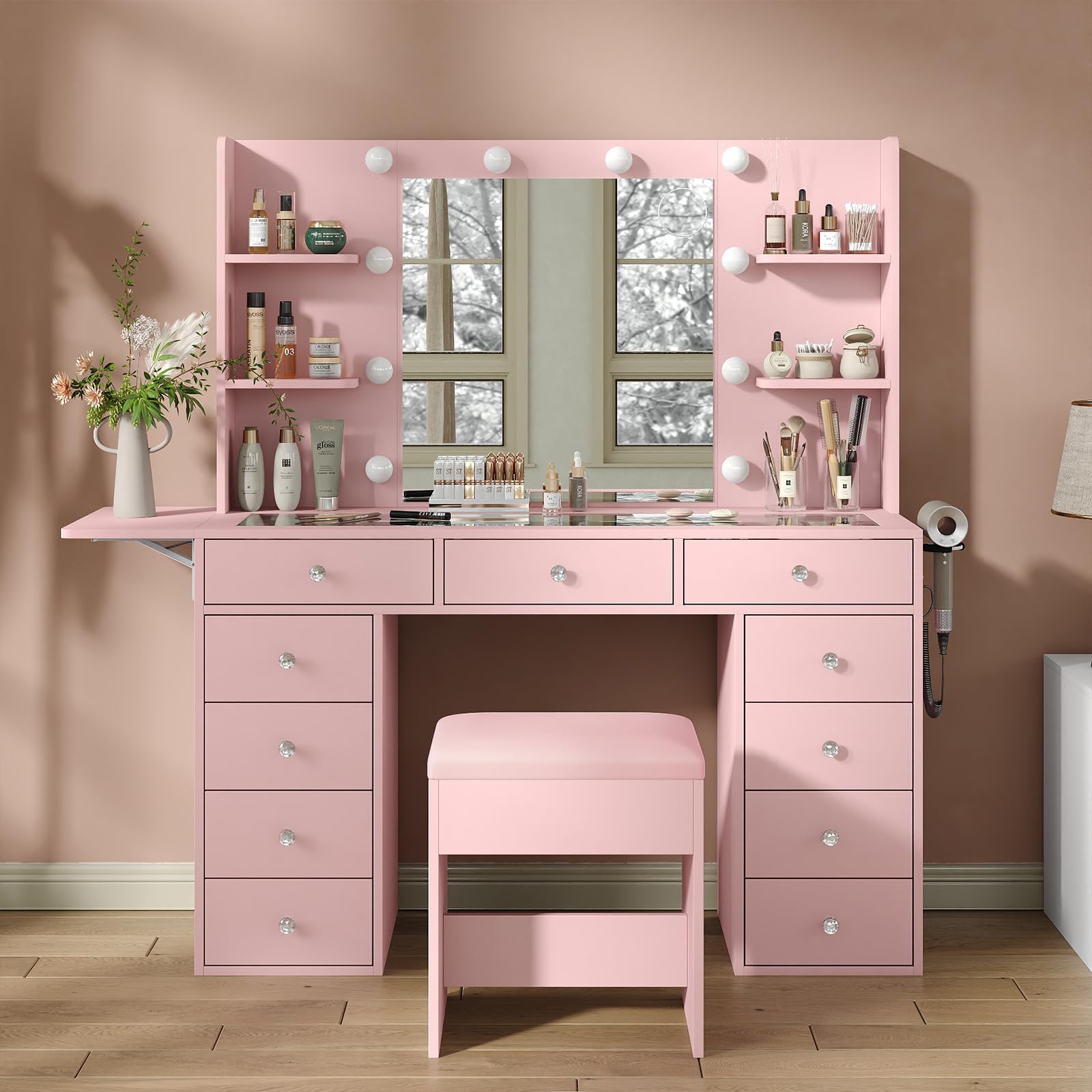 FUSOU Vanity Desk with Power Outlet, 11 Drawers Makeup Vanity with Lighted Mirror, 3 Colors Adjustable, Glass Top Vanity with Chair, 4 Shelves and Fold-up Panel, Dressing Table for Bedroom, Pink