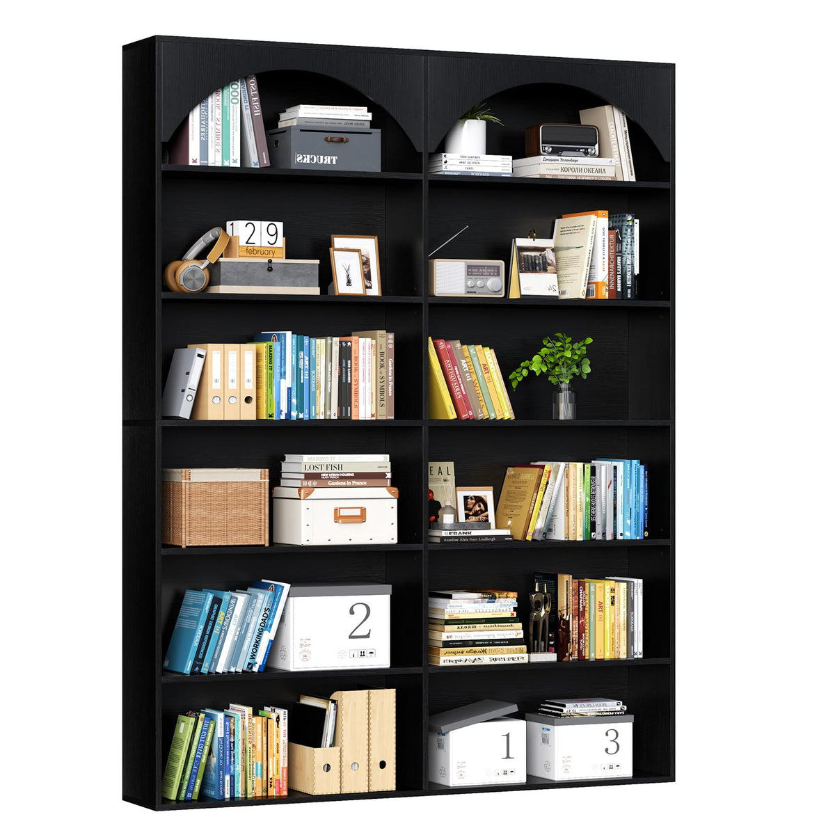 Gyfimoie 70.8’’ Tall Bookshelf and Bookcase, 7-Tier Double Wide Bookcase Modern Large Open Display Shelves with Curved Baffle for Home Office Living Room (Black)