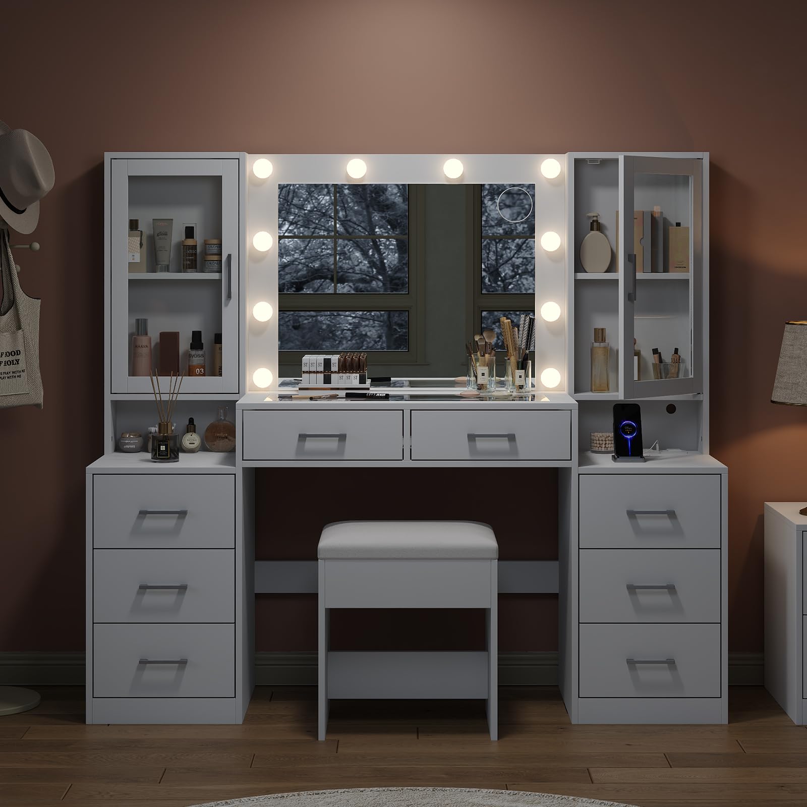 Yanosaku 59'' W Large Makeup Vanity Desk with Mirror and Lights, White Vanity with Power Outlet, 8 Drawers & 2 Cabinets, 3 Lighting Modes Brightness Adjustable, Glass Top Vanity with Chair for Bedroom