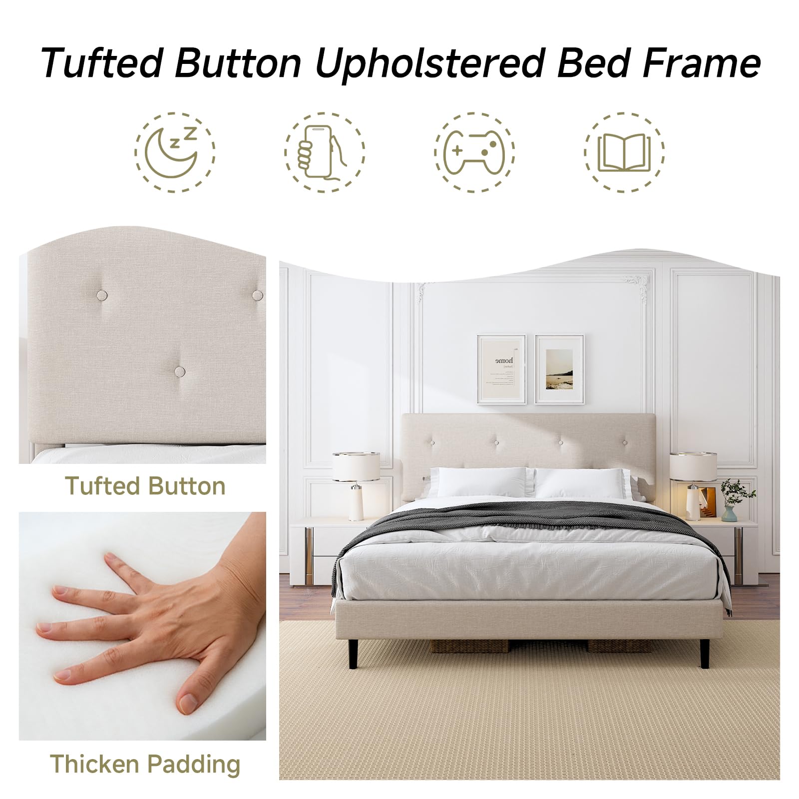 Linen Upholstered Platform Bed Frame with Adjustable Headboard & Wooden Slats