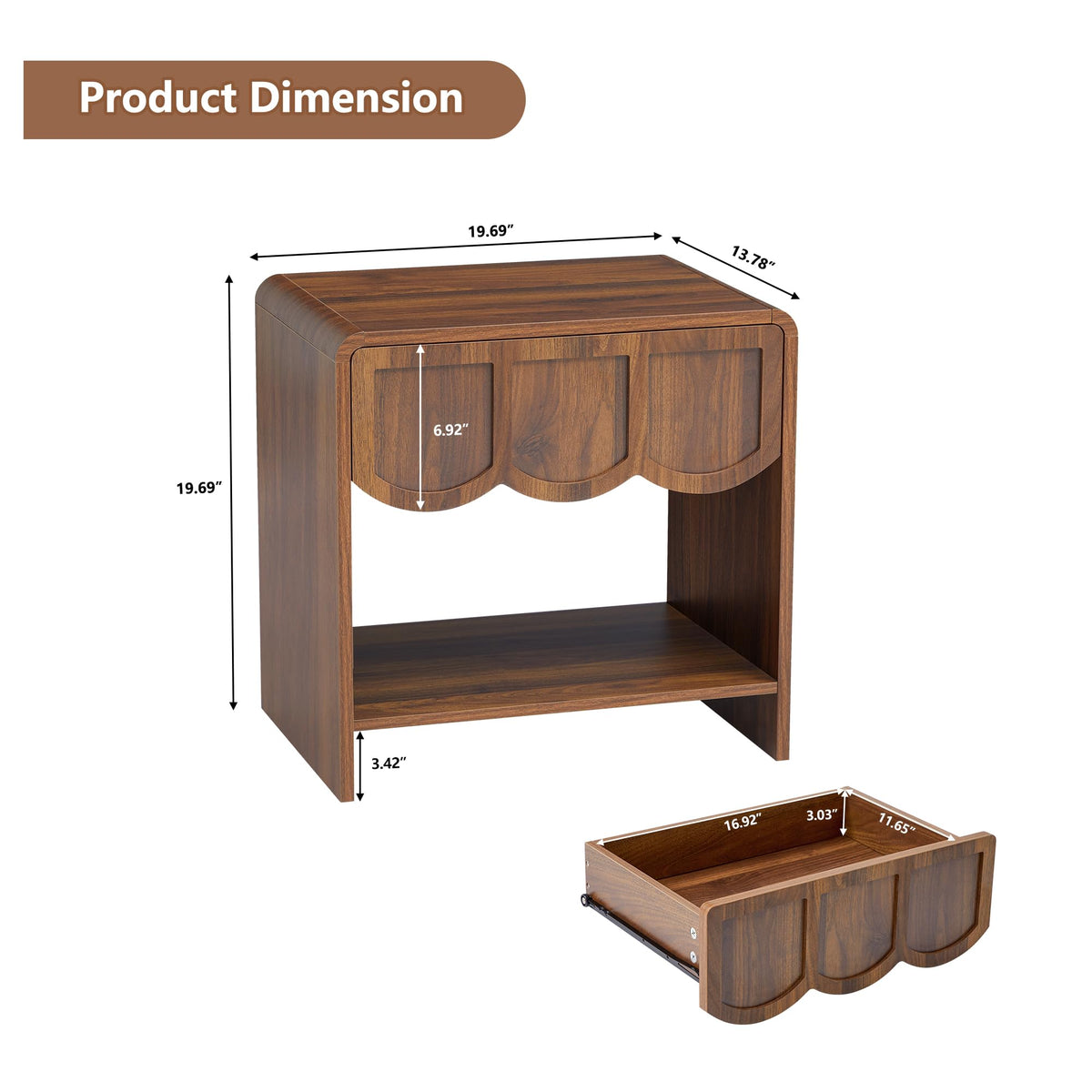Small Night Stand Set of 2, Mid Century Modern Farmhouse Wood Nightstand with Wave Panel Drawer, Bed Side End Table for Small Space, Living Room - Walnut