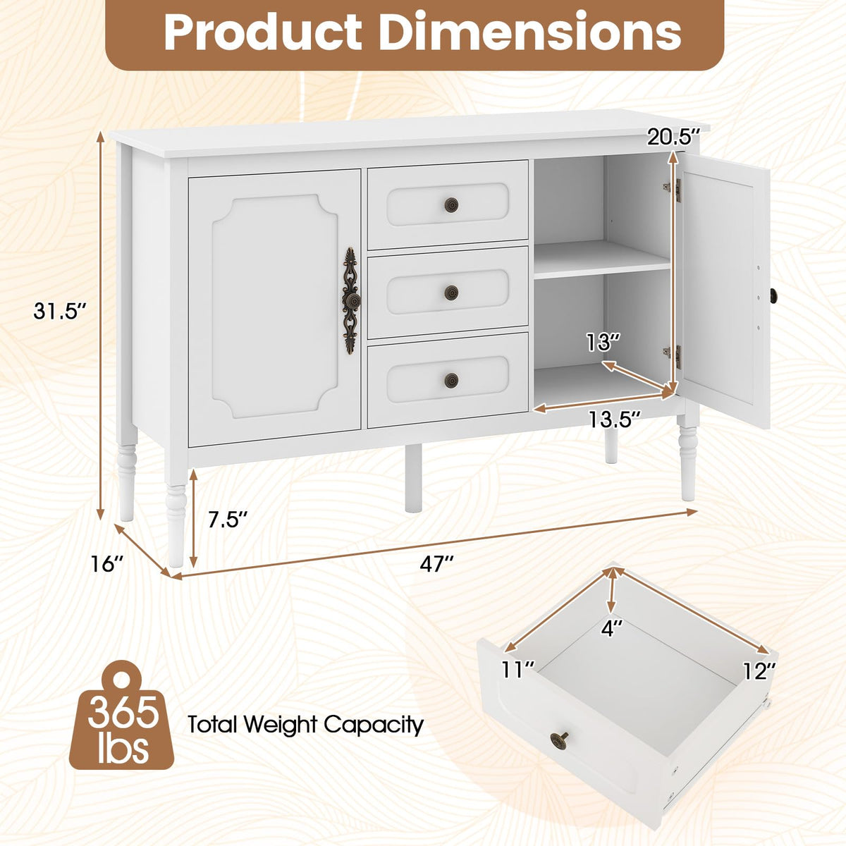 SILKYDRY Buffet Cabinet, 47" Vintage Sideboard w/Adjustable Shelves(White)