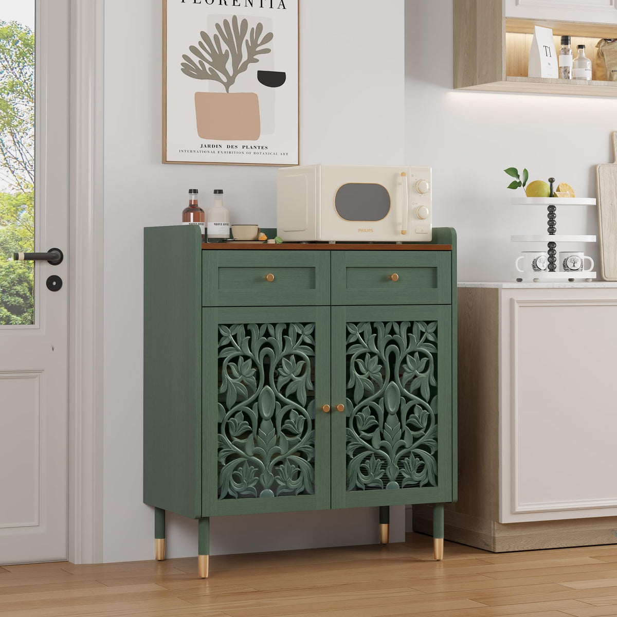 Carved Wood Sideboard with Drawer