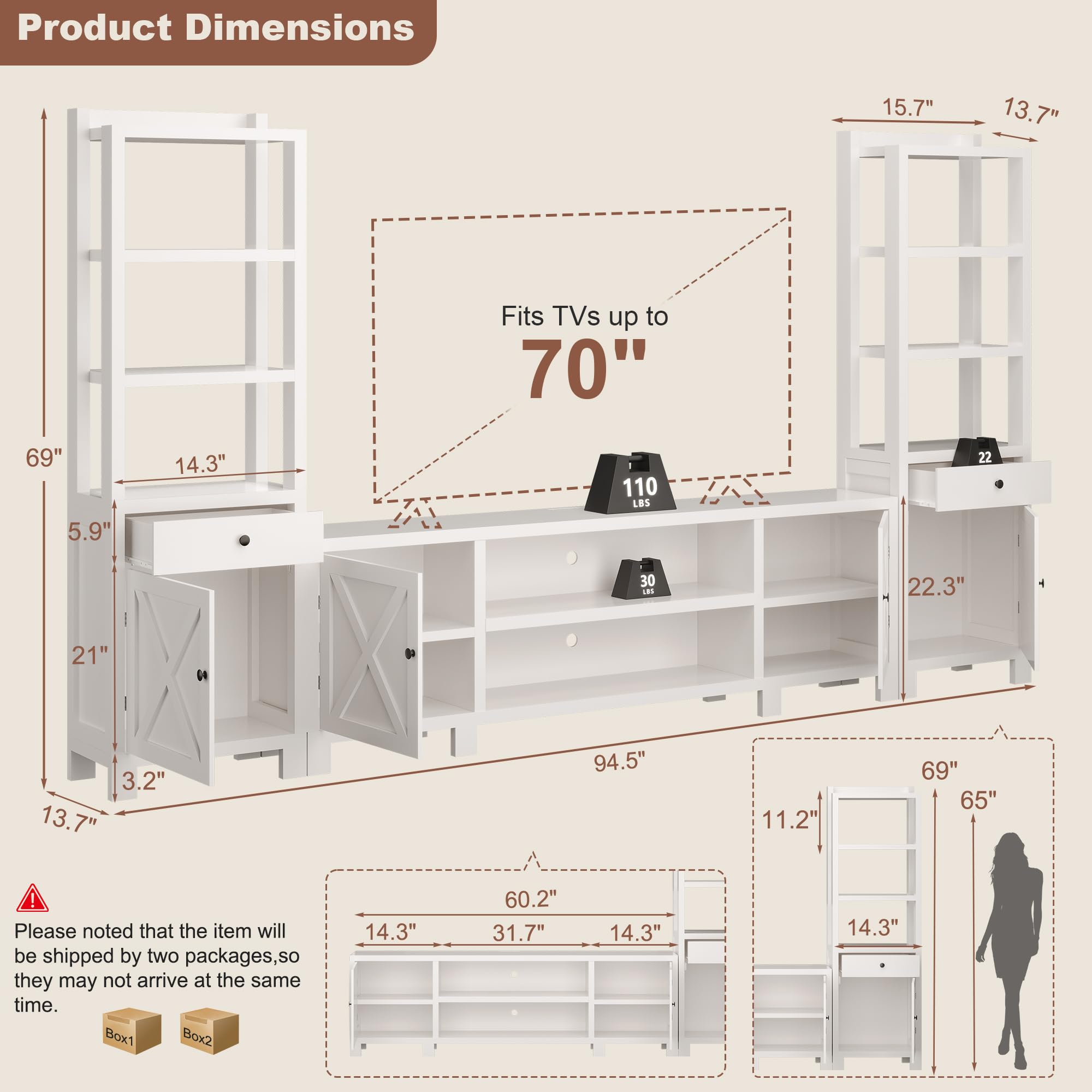94" Wall Unit Entertainment Center with Bookshelves