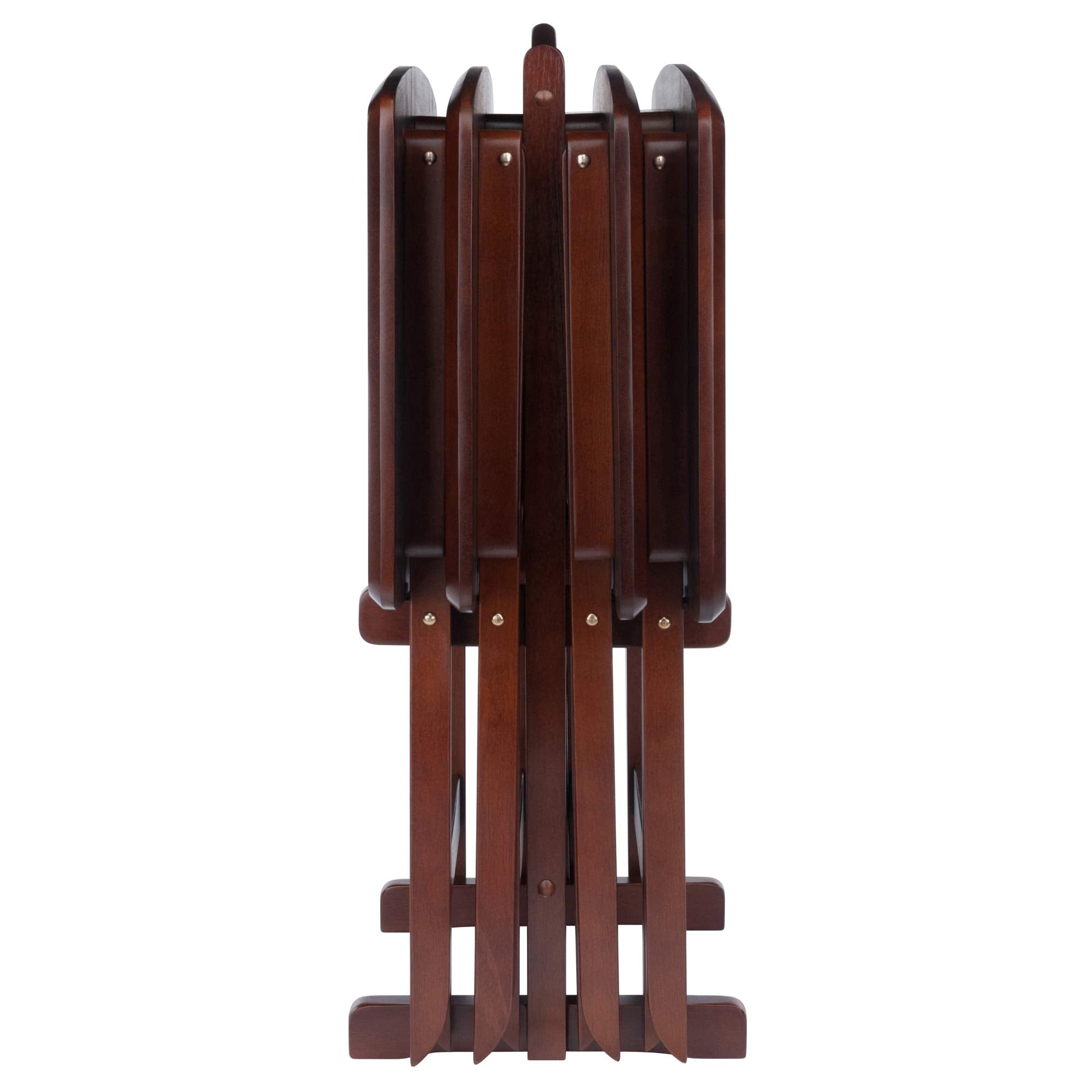 5-Piece Foldable Snack Table Set with Storage Rack – Walnut