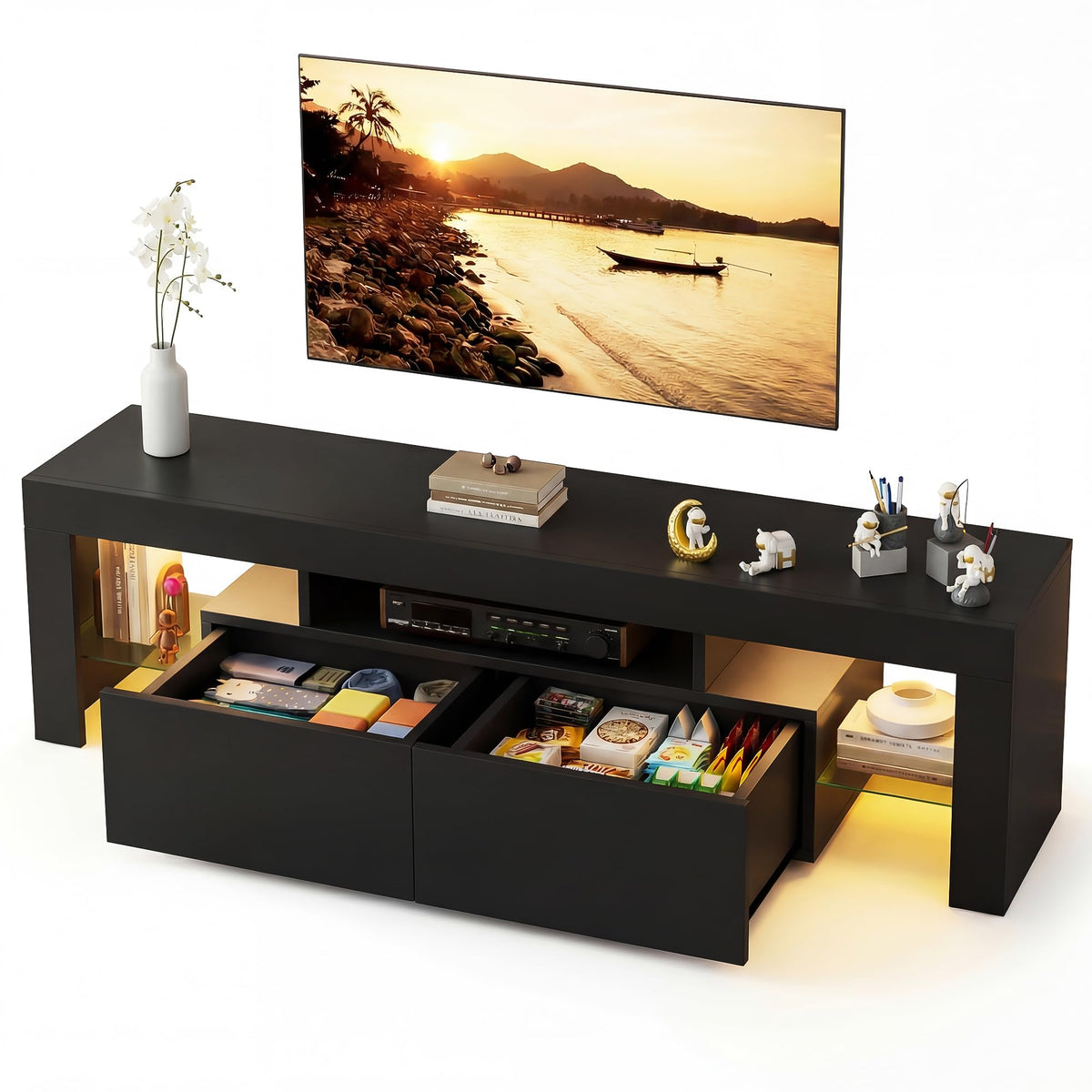YESHOMY 63 Inch LED TV Stand for 70" TV, Modern Entertainment Center, Black