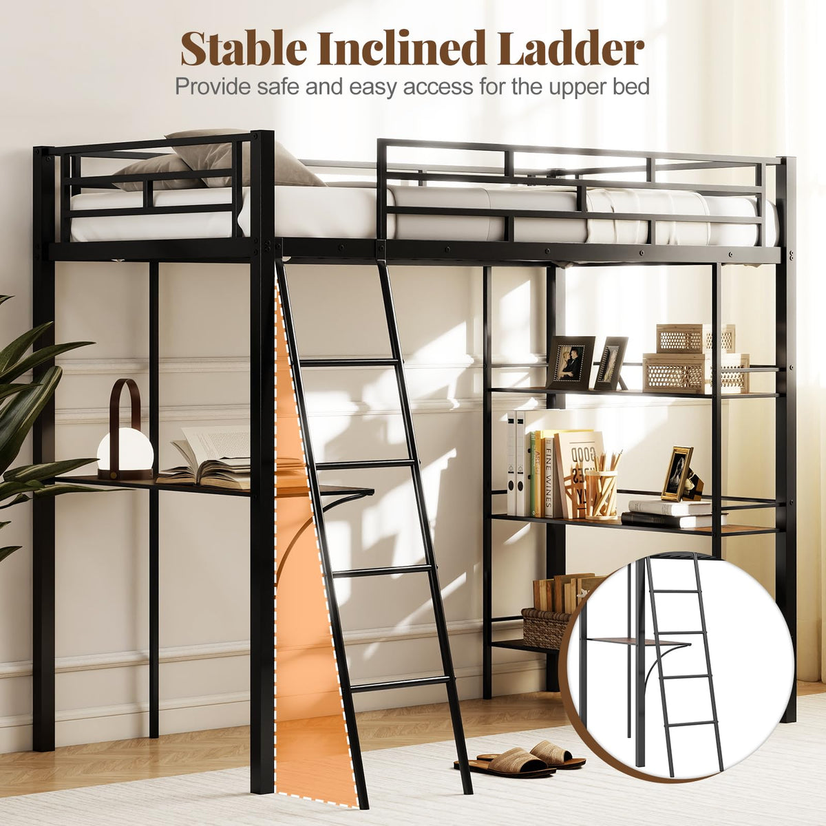 GIANTEX Twin Size Loft Bed with Desk & Shelves, Metal Bed Frame with Inclined Ladder & Full-Length Guardrails, High Loft Bed for Kids, Teens, Home, Dorm, Apartment, No Box Spring Needed