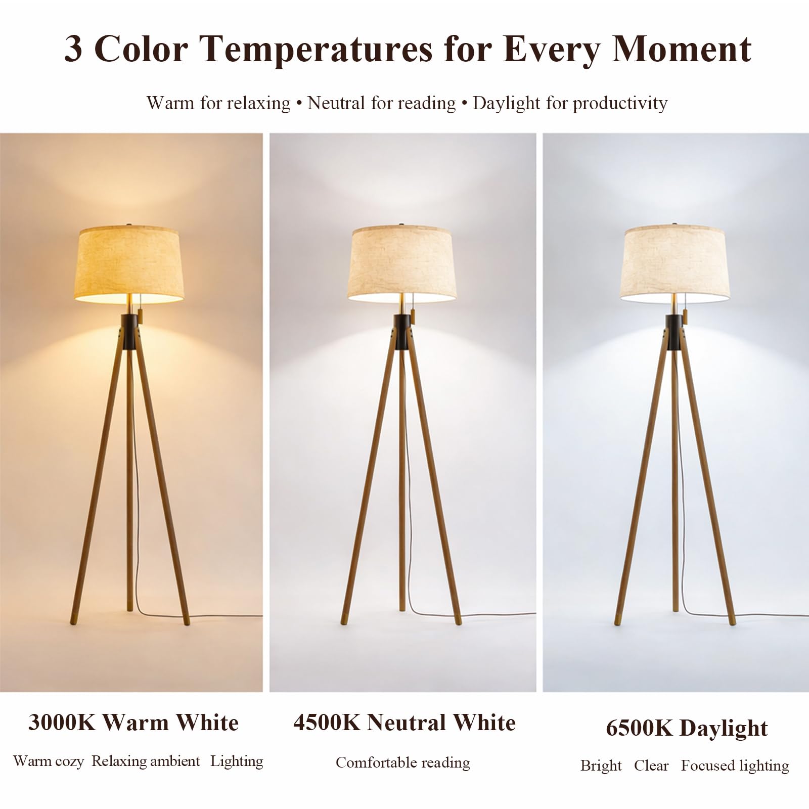 Mid Century Modern Tripod Floor Lamp, Gold Accented Two-Tone Solid Wood Floor Lamp with Black-Finished Solid Wood Center, Linen Shade & Pull Chain, Tall Lamp for Living Room Bedroom Reading Corner