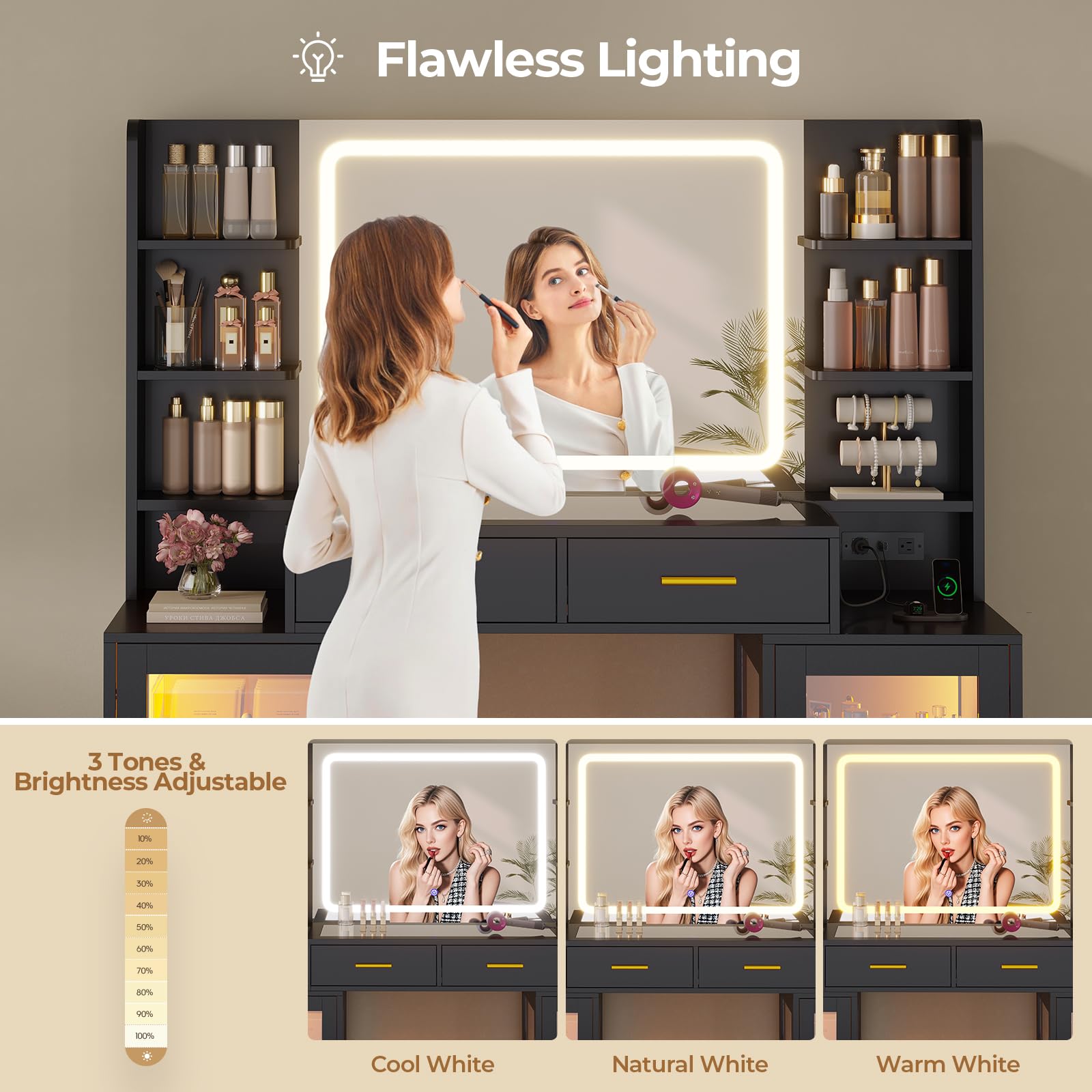 ADORNEVE Makeup Vanity with Mirror & Lights, RGB Cabinets, Vanity Desk with 2 Glass Top Drawers & Power Outlet, for Teen Girls, Women, Black