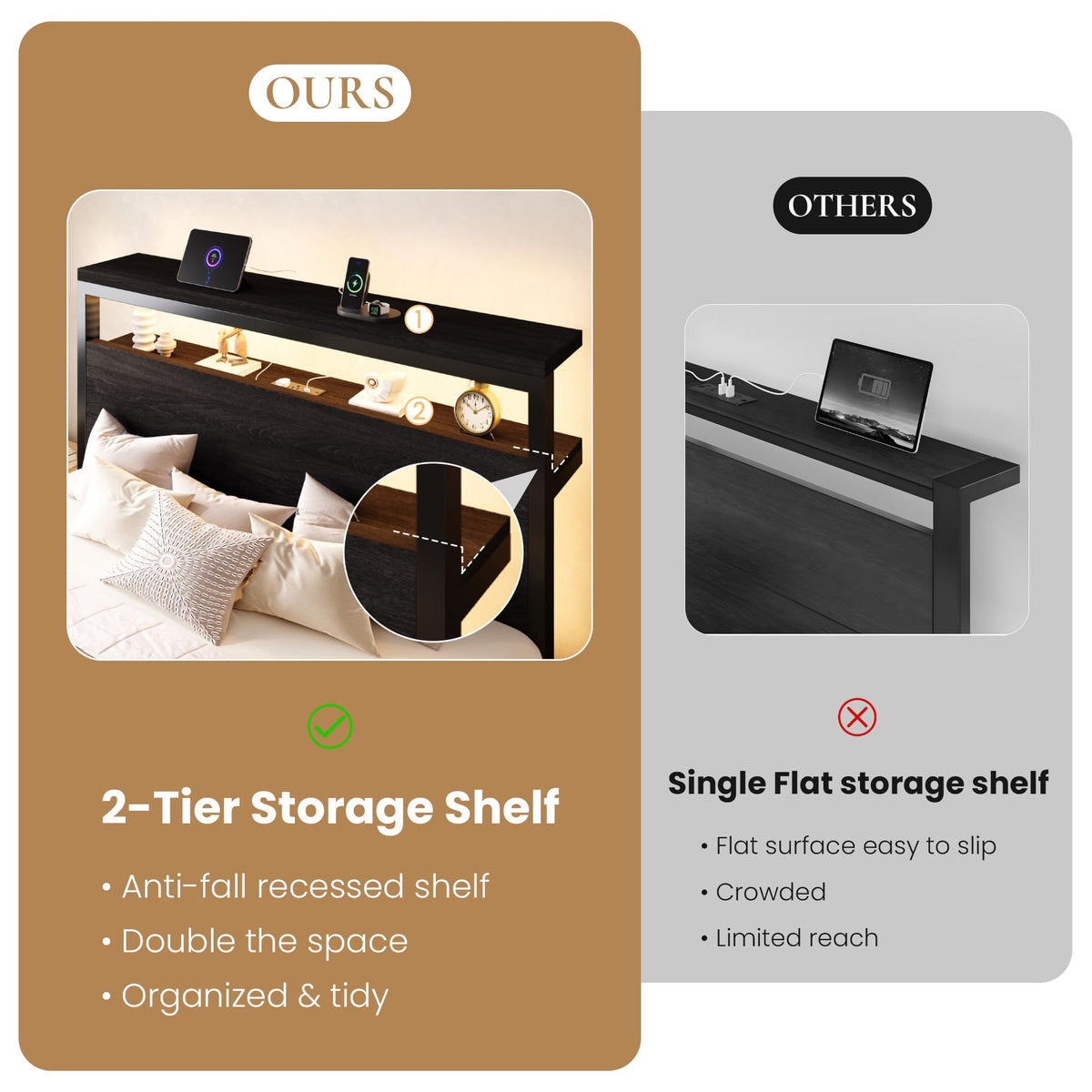SHA CERLIN Queen Bed Frame, 2-Tier Storage Headboard, LED, Charging Station