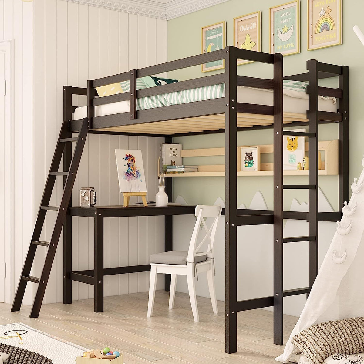 GIANTEX Twin Size Loft Bed with Desk, Solid Wood Loft Bed with 2 Ladders & Full Length Guardrail, Modern Space-Saving Twin Bed Frame for Kids Teens Adults, No Box Spring Needed, Espresso