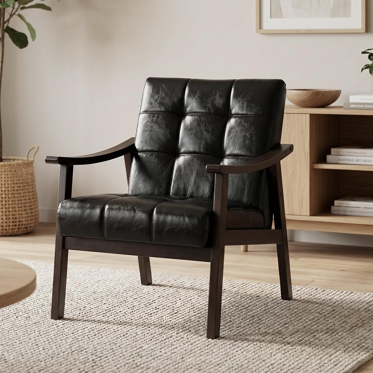 Hjaustevy Mid Century Modern Faux Leather Accent Chair, Lounge Chair Indoor Comfy Upholstered Armchair, MCM Wooden Side Chair with Solid Rubberwood Frame for Living Room Bedroom, 350lbs
