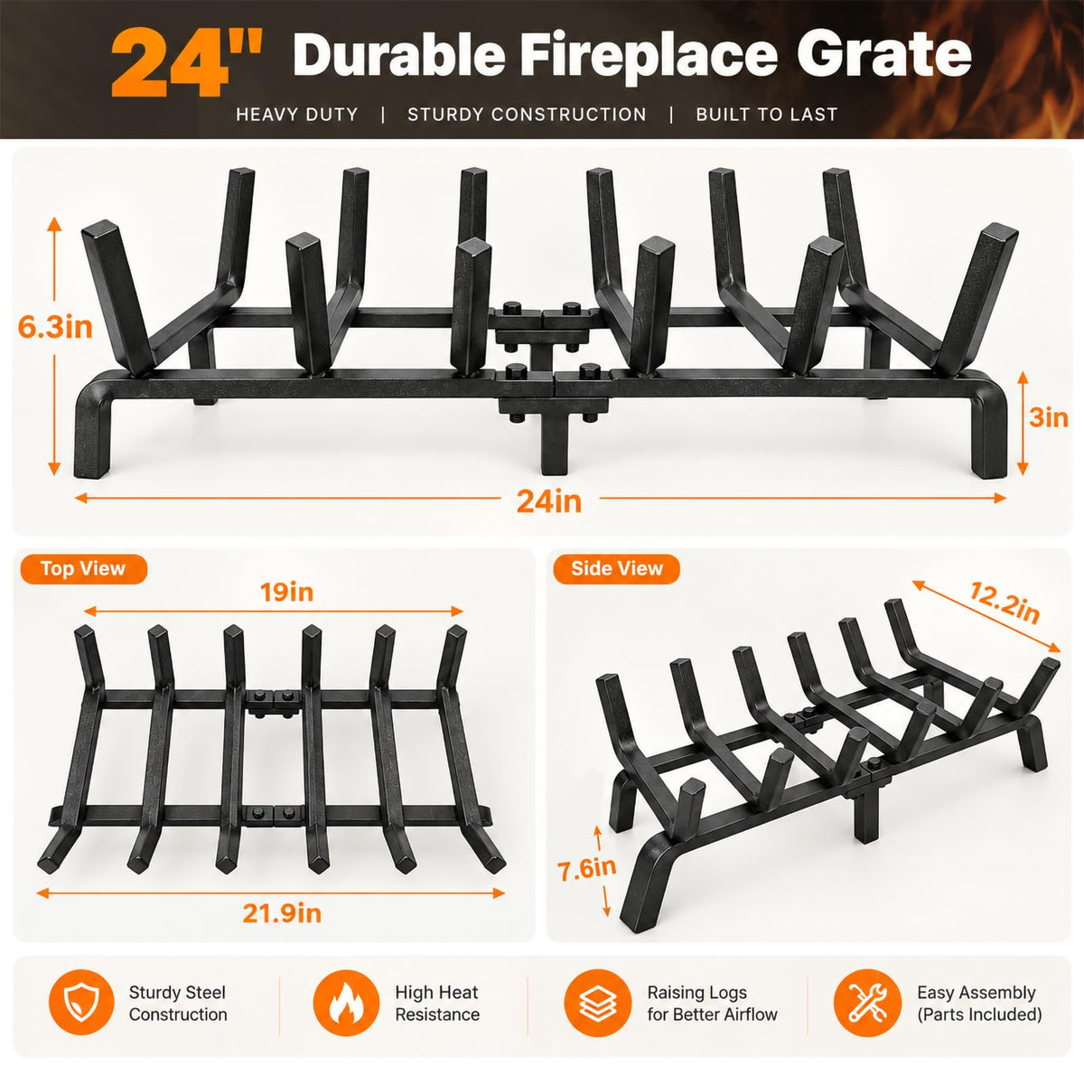 FEED GARDEN 24 Inch Fireplace Grate, 1/2" Solid Steel Log Holder